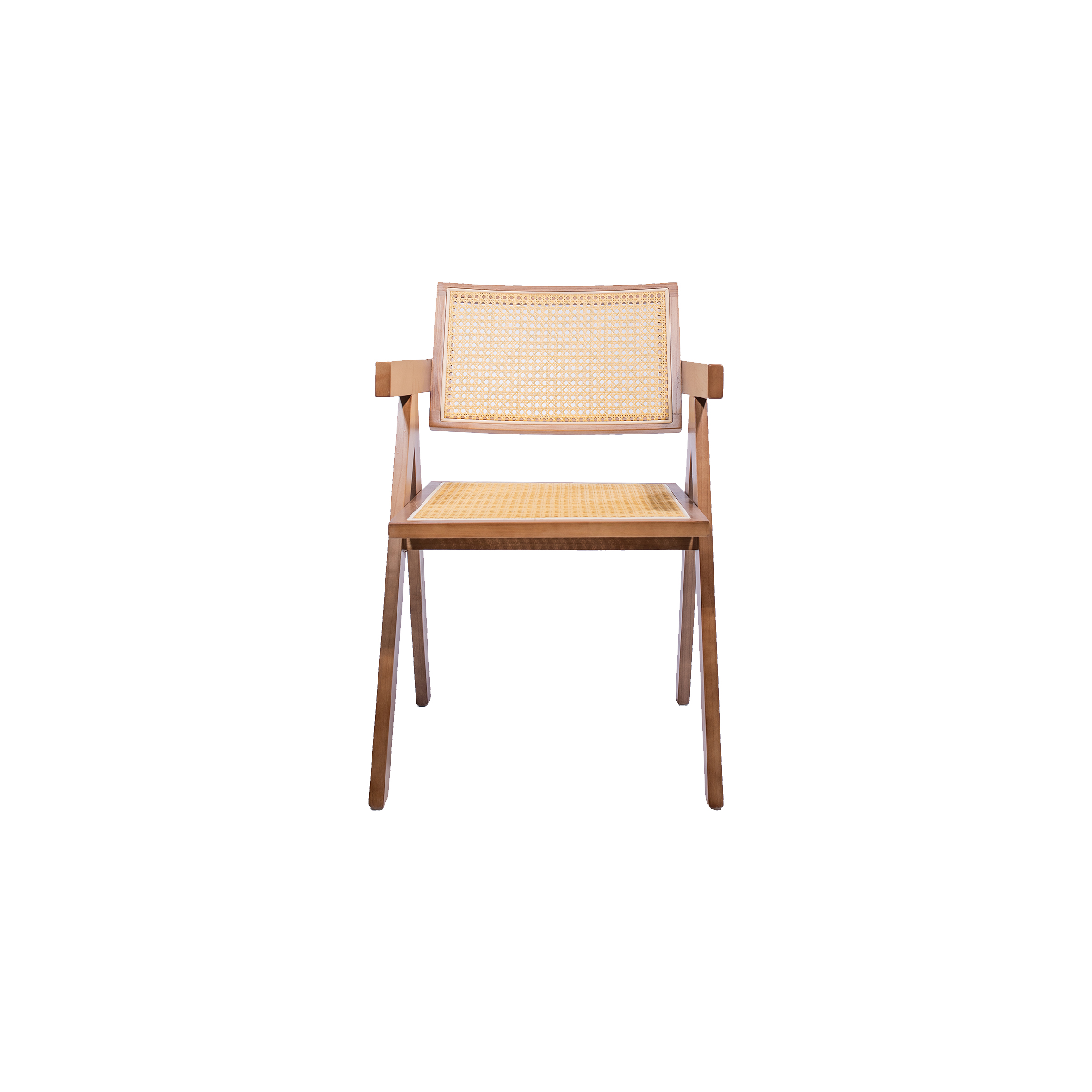 Wooden chair with woven cane backrest and seat, featuring sleek, angular arms and legs. The design conveys a minimalist and elegant style.