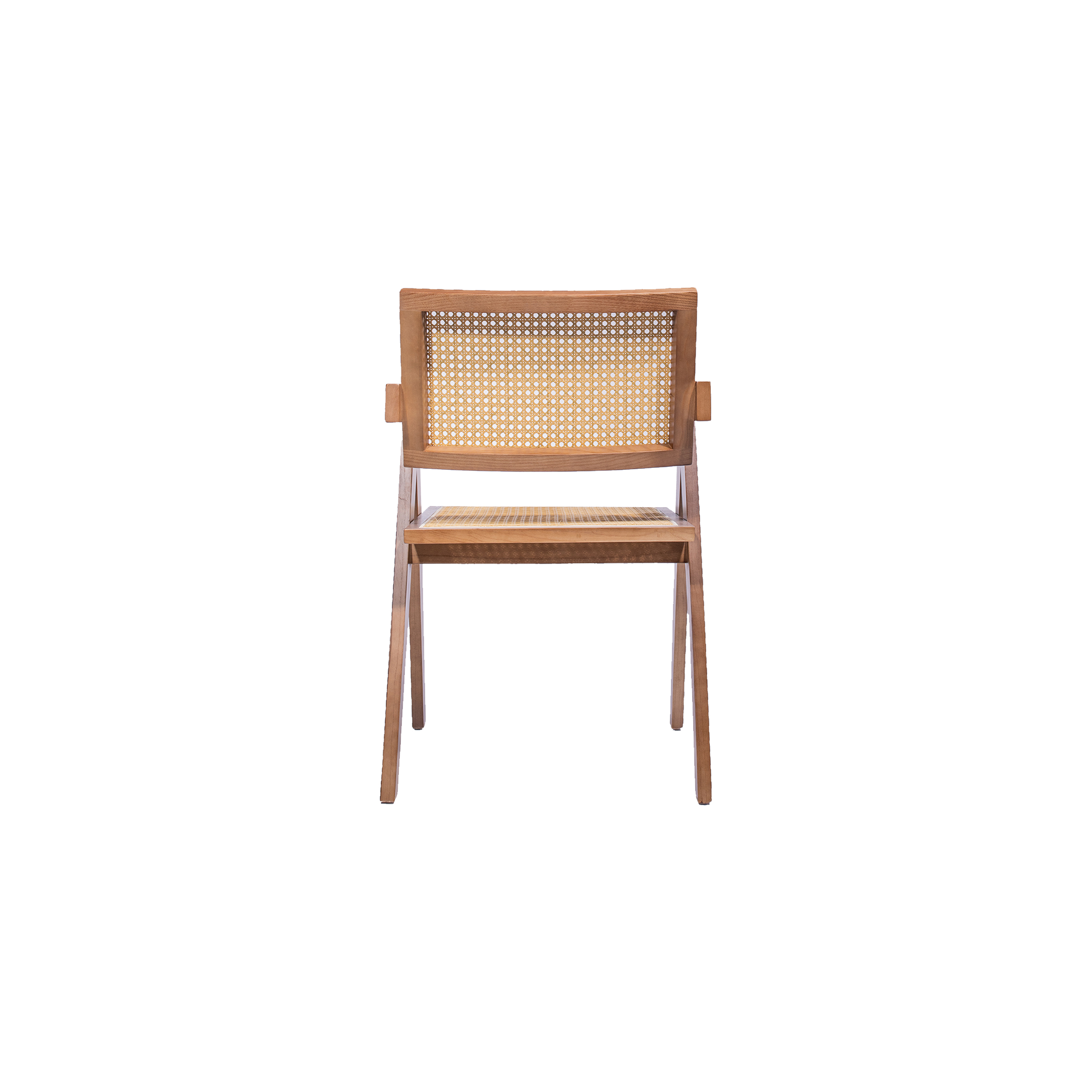 Wooden chair with woven cane backrest and seat, featuring sleek, angular arms and legs. The design conveys a minimalist and elegant style.
