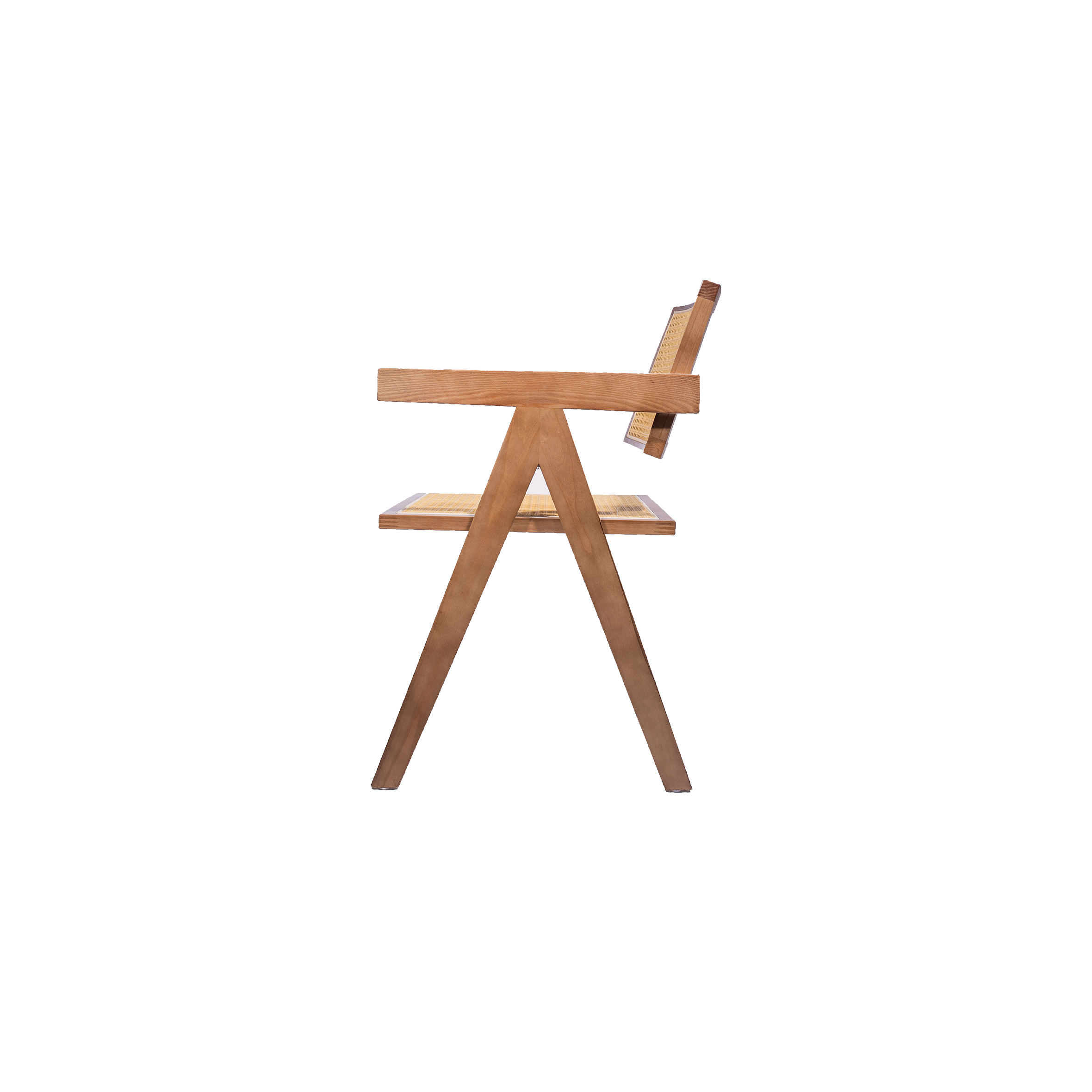 Wooden chair with woven cane backrest and seat, featuring sleek, angular arms and legs. The design conveys a minimalist and elegant style.