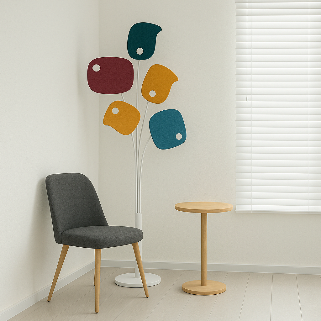 Minimalist room with a gray chair, a round wooden table, and a decorative wall piece featuring colorful abstract shapes resembling leaves. Calm and modern ambiance.