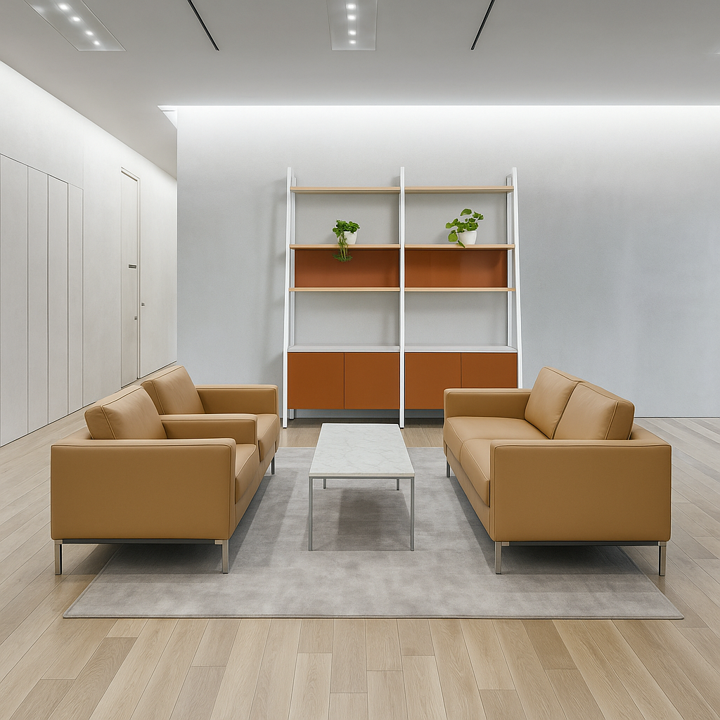 Modern office lounge with two tan leather sofas facing each other, a white rectangle coffee table, and a shelf with potted plants. Minimalist and inviting.