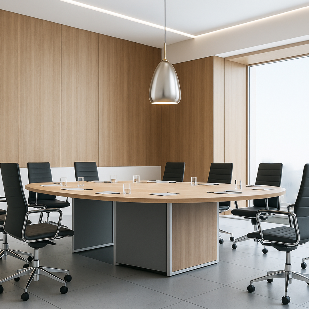 Modern conference room with a large round wooden table, six black chairs, water glasses, notepads, and a sleek pendant light. Minimalist and professional ambiance.