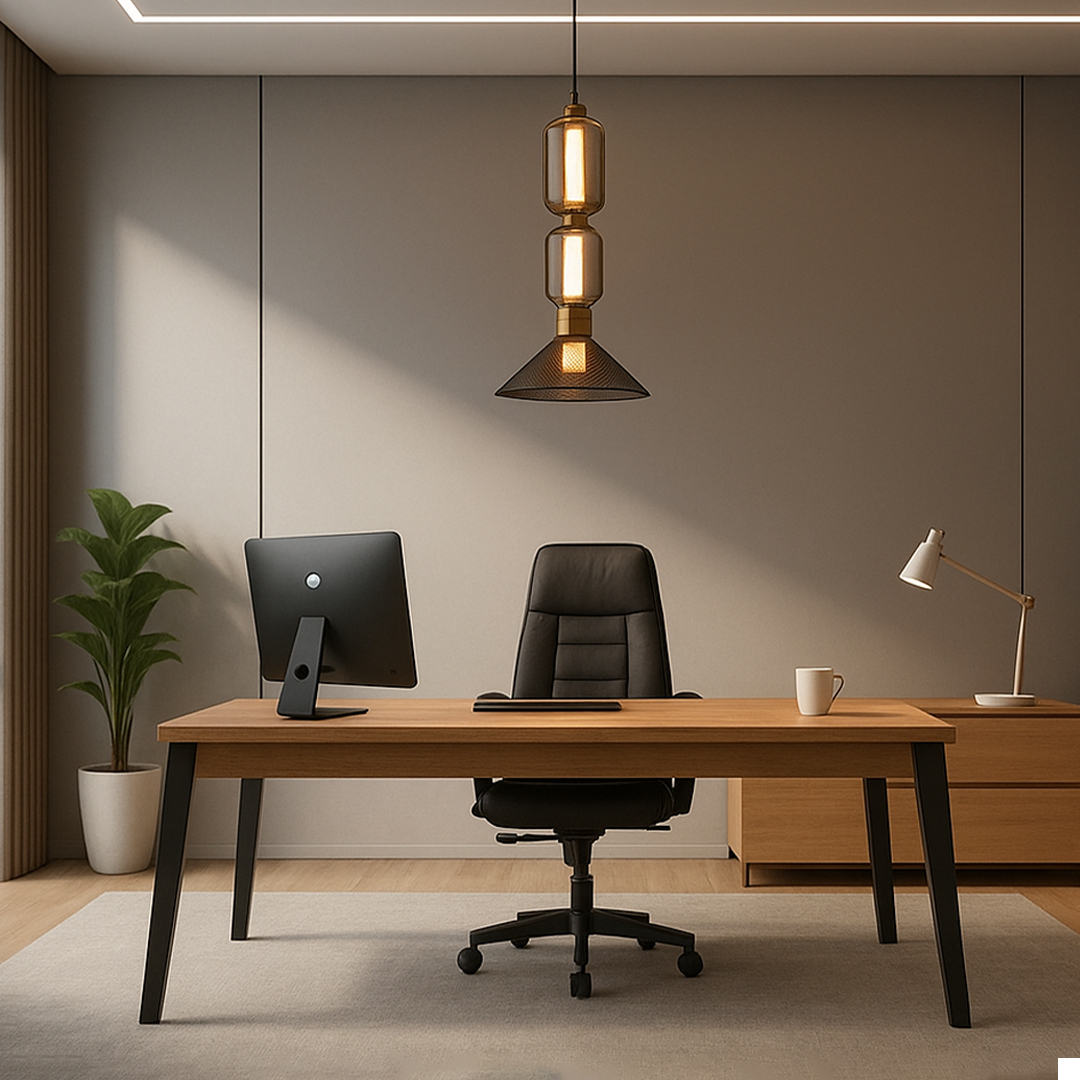 Modern office with a hanging light, wooden desk, black swivel chair, and computer monitor. A desk lamp and mug sit on the right. A potted plant is on the left, with a warm pendant light above, creating a cozy, minimalist atmosphere.