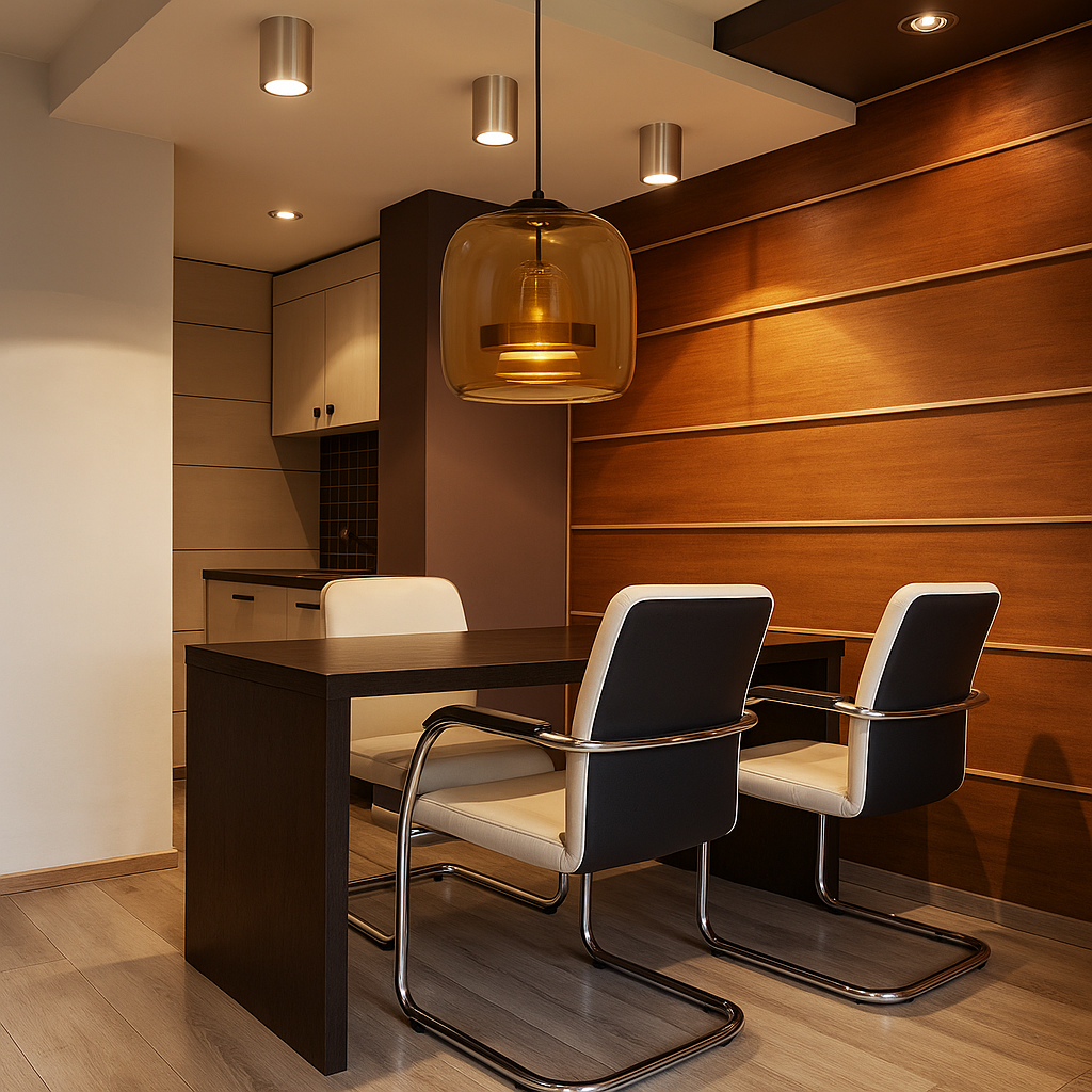 Modern dining area with two black and white chairs at a dark wood table. Warm lighting from a brown pendant lamp, wood-paneled wall, and recessed lights create a cozy ambiance.