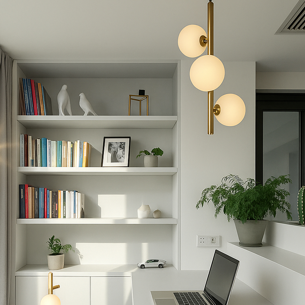 A modern home office with a soothing ambiance. It features a white bookshelf with colorful books and decorative items, a sleek laptop on a white desk, potted plants, and a stylish pendant light with three globe bulbs, creating a calm, functional workspace.