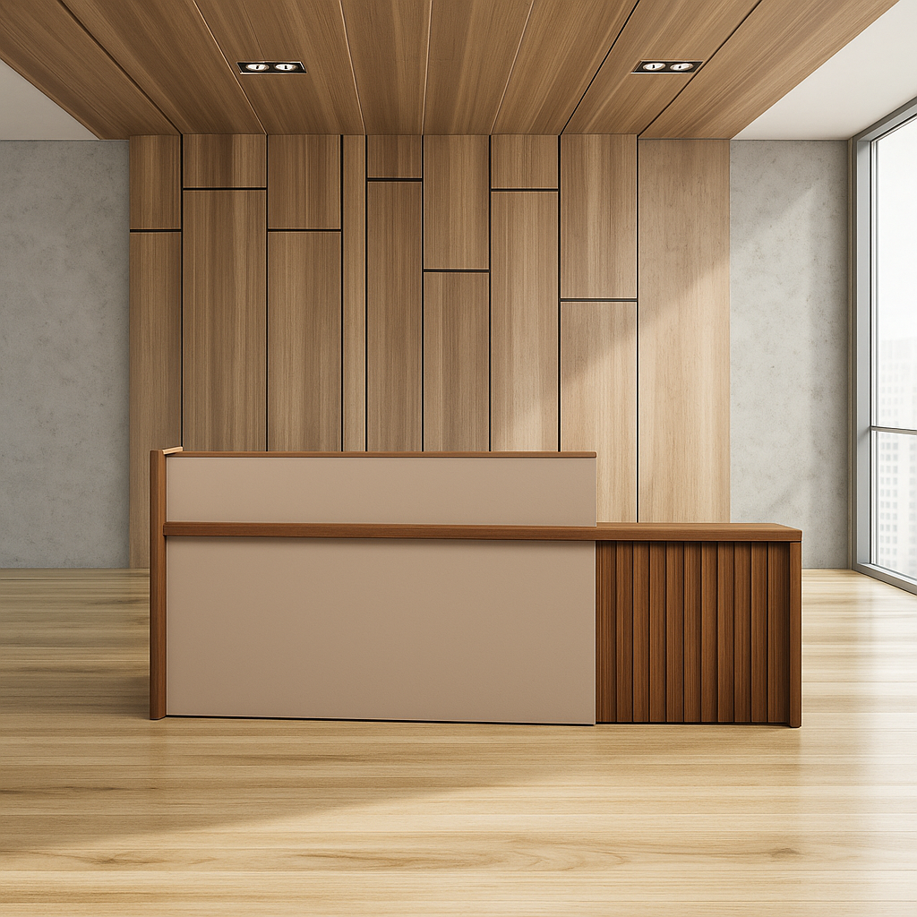 Modern reception desk in a minimalistic office space. Light wood panels cover the walls and ceiling, with large windows letting in natural light.
