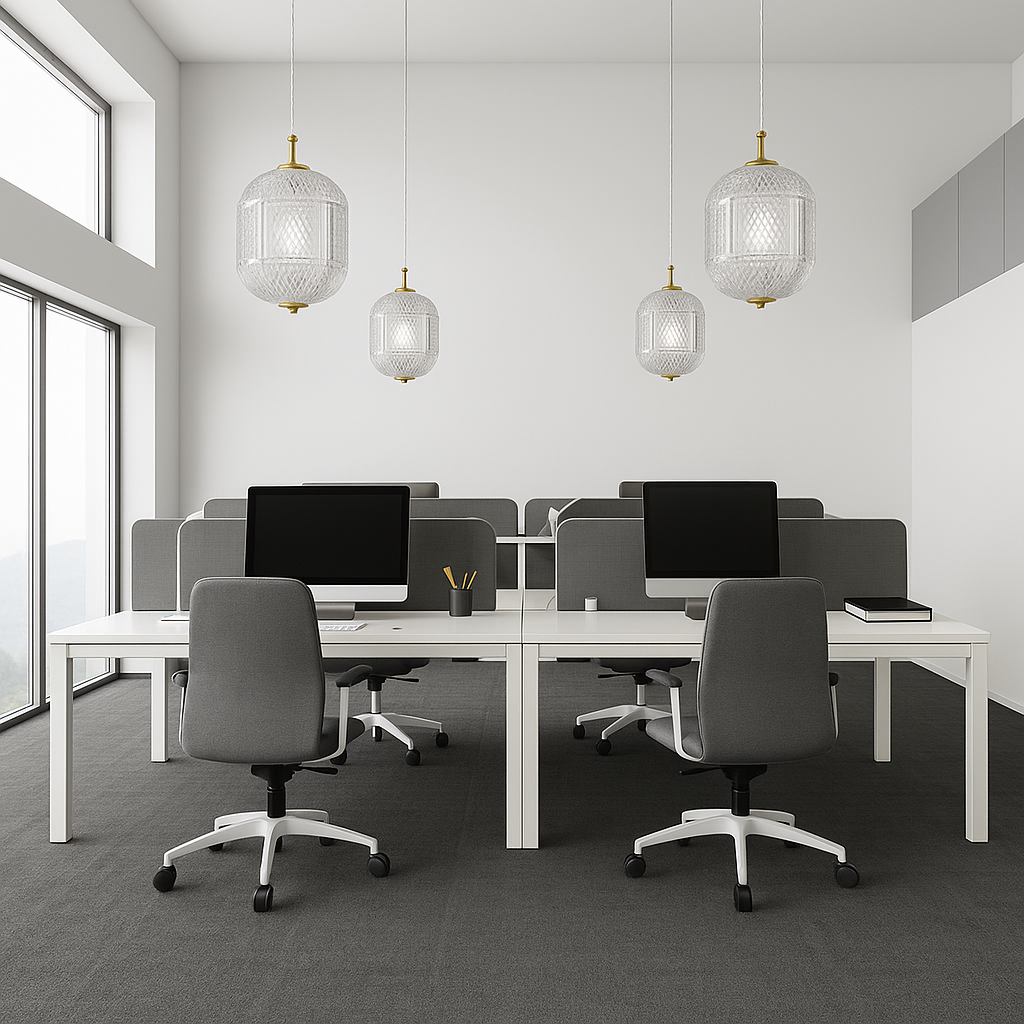 Modern office interior with rows of desks, gray chairs, and computers. Elegant hanging lamps create a clean, minimalistic, and professional atmosphere.