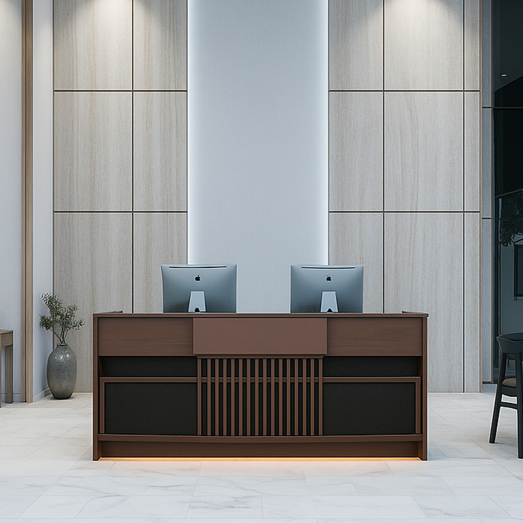 Modern reception desk with two computers against a light wood panel wall. Subtle lighting from above and below creates a professional, welcoming atmosphere.