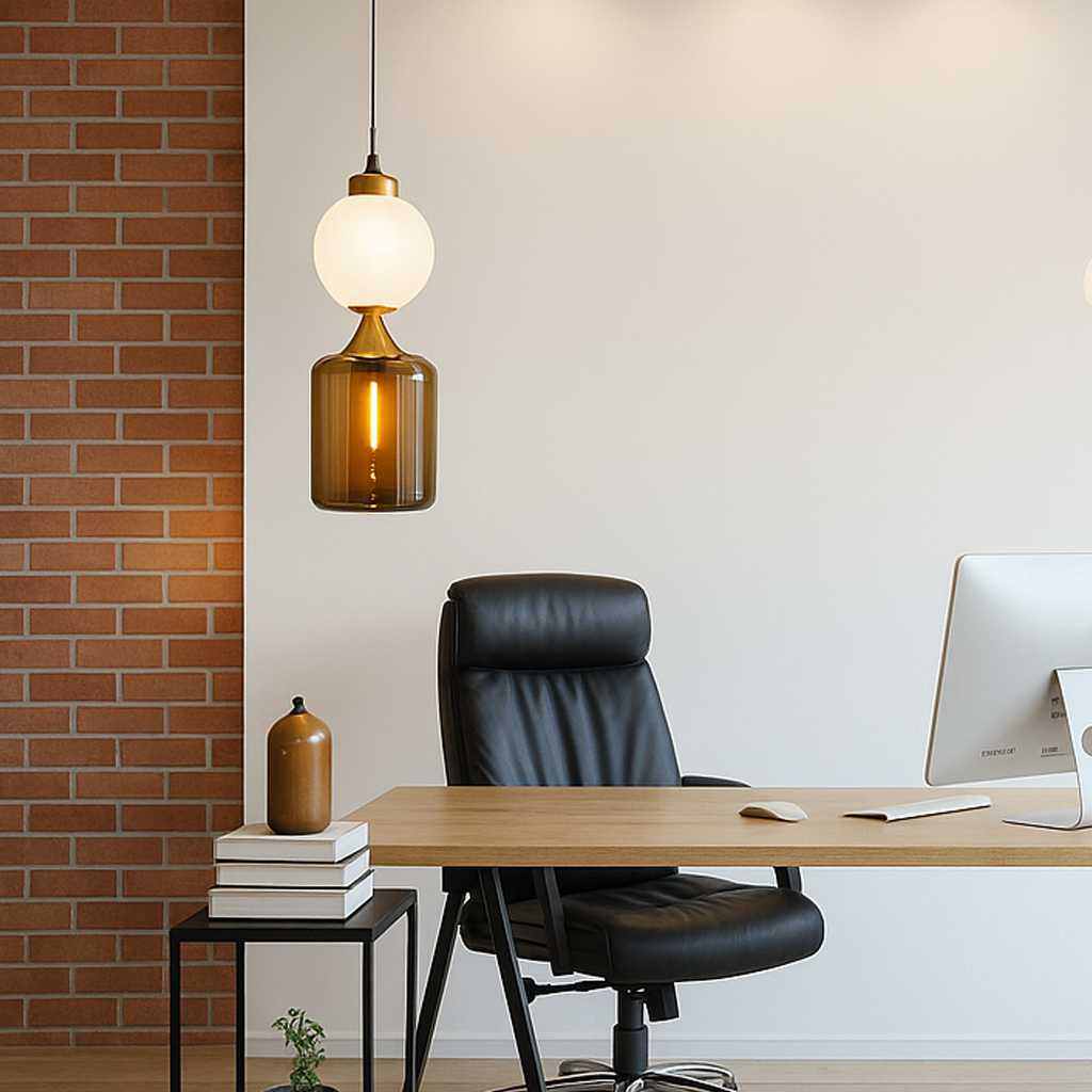 Modern office space with a wooden desk, black leather chair, and a sleek computer. A warm pendant light and brick wall add a cozy feel.