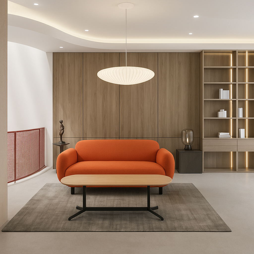 Modern living room with orange sofa on gray rug, beneath a white pendant light. Wood-paneled wall features shelving and book decor. Minimalist and elegant.