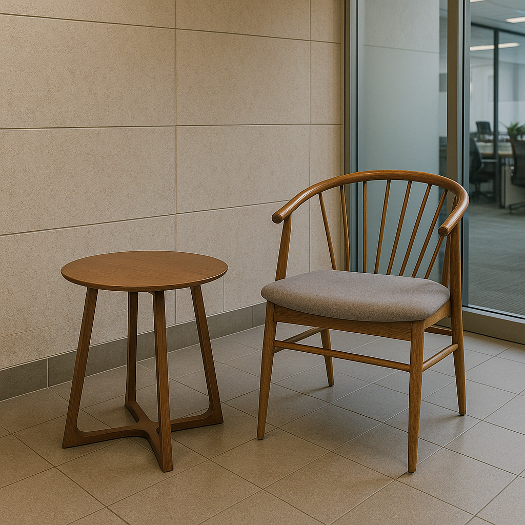 A wooden table and chair with a gray cushion placed on a tiled floor in a modern office hallway. Glass door nearby; atmosphere is minimalist and calm.