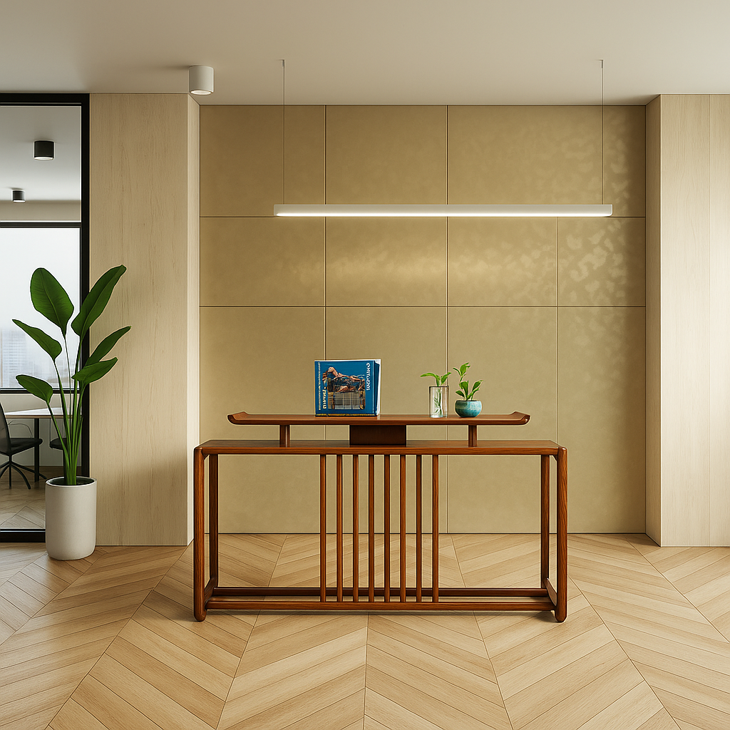 Modern interior with a sleek wooden console table against a beige paneled wall. A book, vase, and plant adorn the table, creating a calm, minimalist vibe.