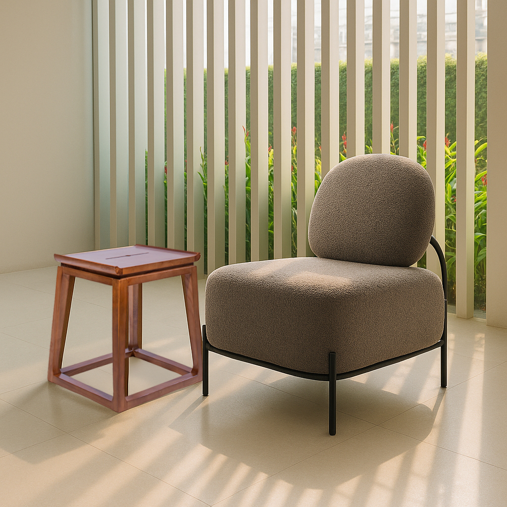 A cozy gray armchair and a small wooden side table sit in a sunlit room with vertical blinds. Greenery outside adds a calm and inviting atmosphere.