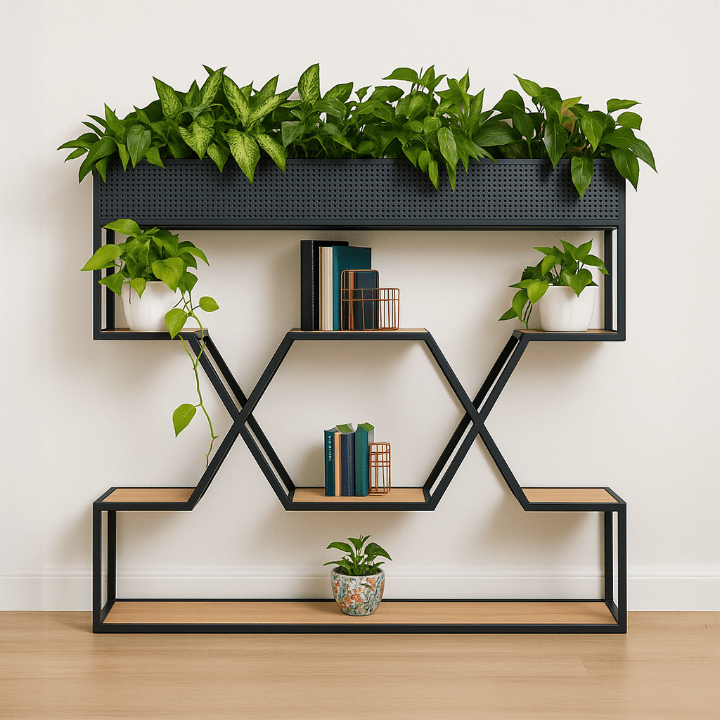 Geometric black metal shelf with lush green plants atop. Features hexagonal shapes holding books and plants. Modern and organized aesthetic.