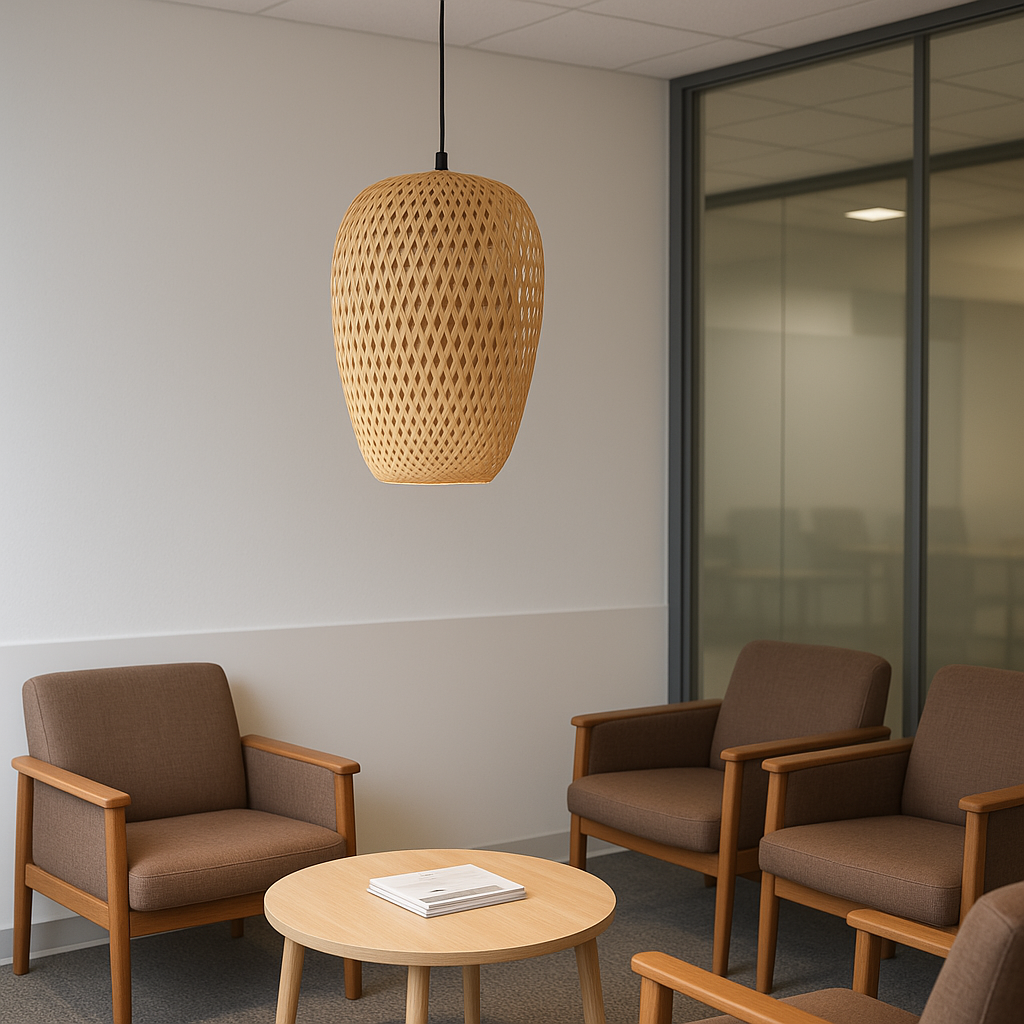 Spacious waiting area with a warm tone, featuring a large wicker pendant lamp, four brown armchairs, a circular wooden table, and papers on the table.
