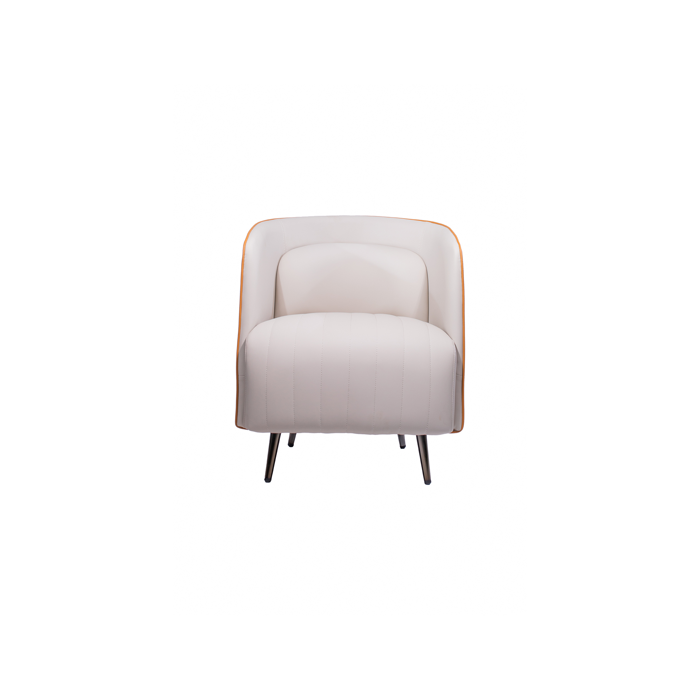 Modern armchair with sleek metal legs. Features orange sides and a white cushioned seat, offering a stylish, comfortable, contemporary design.