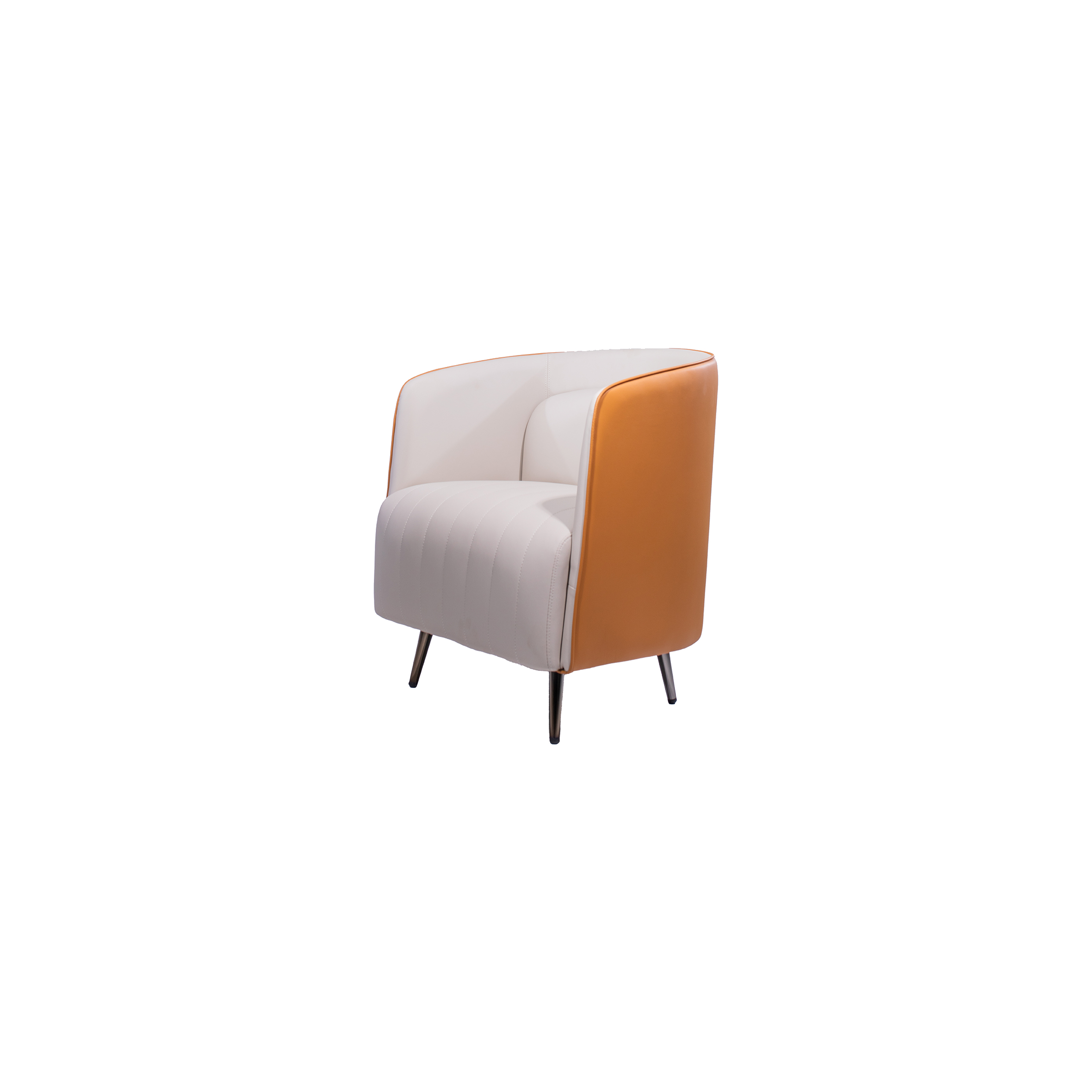 Modern armchair with sleek metal legs. Features orange sides and a white cushioned seat, offering a stylish, comfortable, contemporary design.