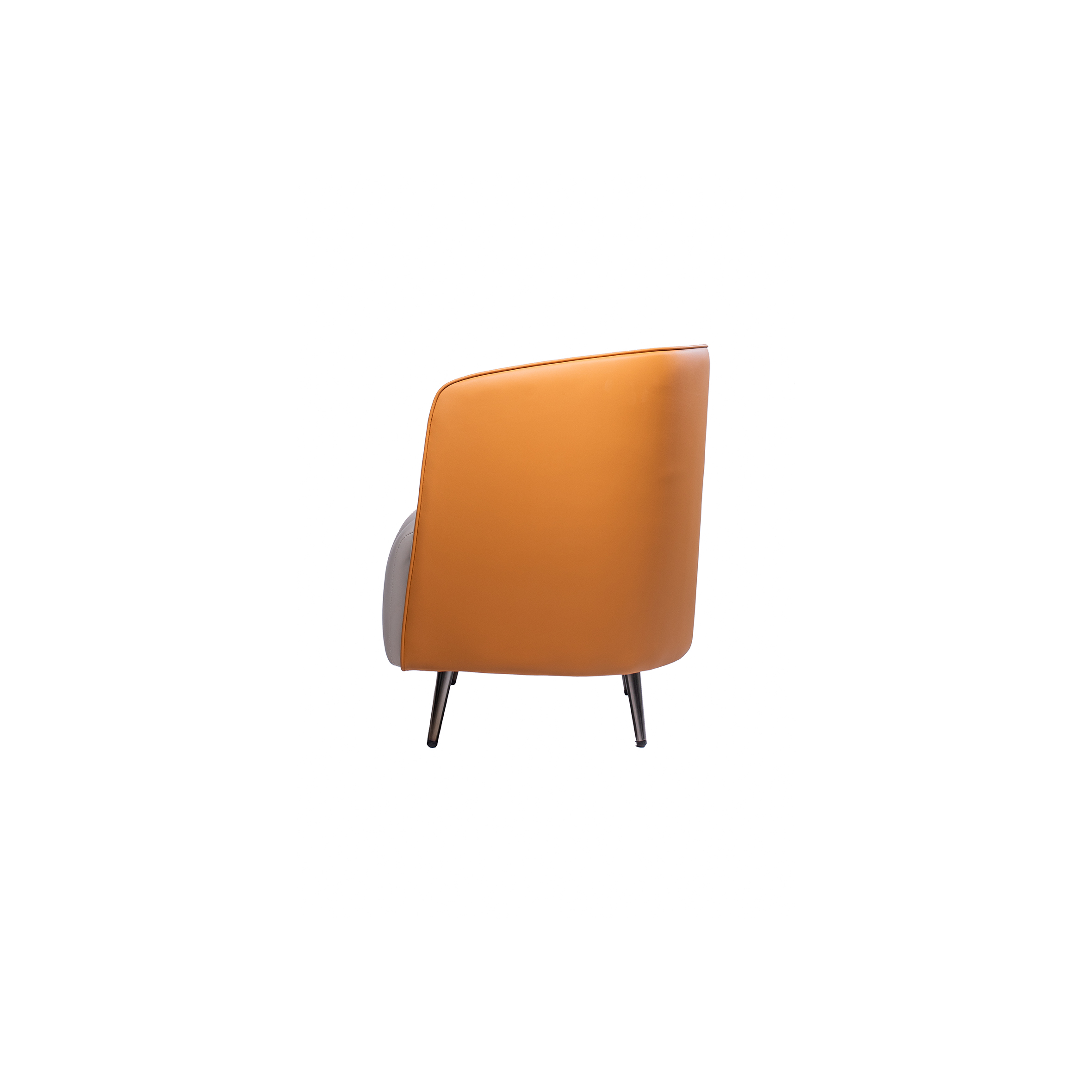 Modern armchair with sleek metal legs. Features orange sides and a white cushioned seat, offering a stylish, comfortable, contemporary design.
