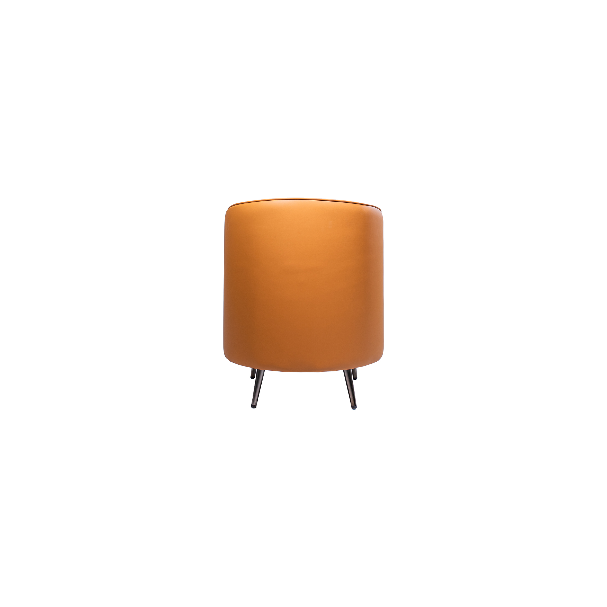 Modern armchair with sleek metal legs. Features orange sides and a white cushioned seat, offering a stylish, comfortable, contemporary design.