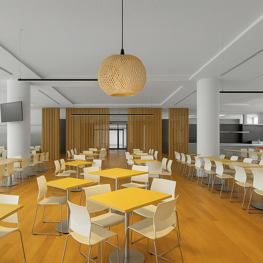 Modern cafeteria with yellow tables, white chairs, and wooden floors. A large woven light fixture hangs from the ceiling, creating a warm, inviting atmosphere.