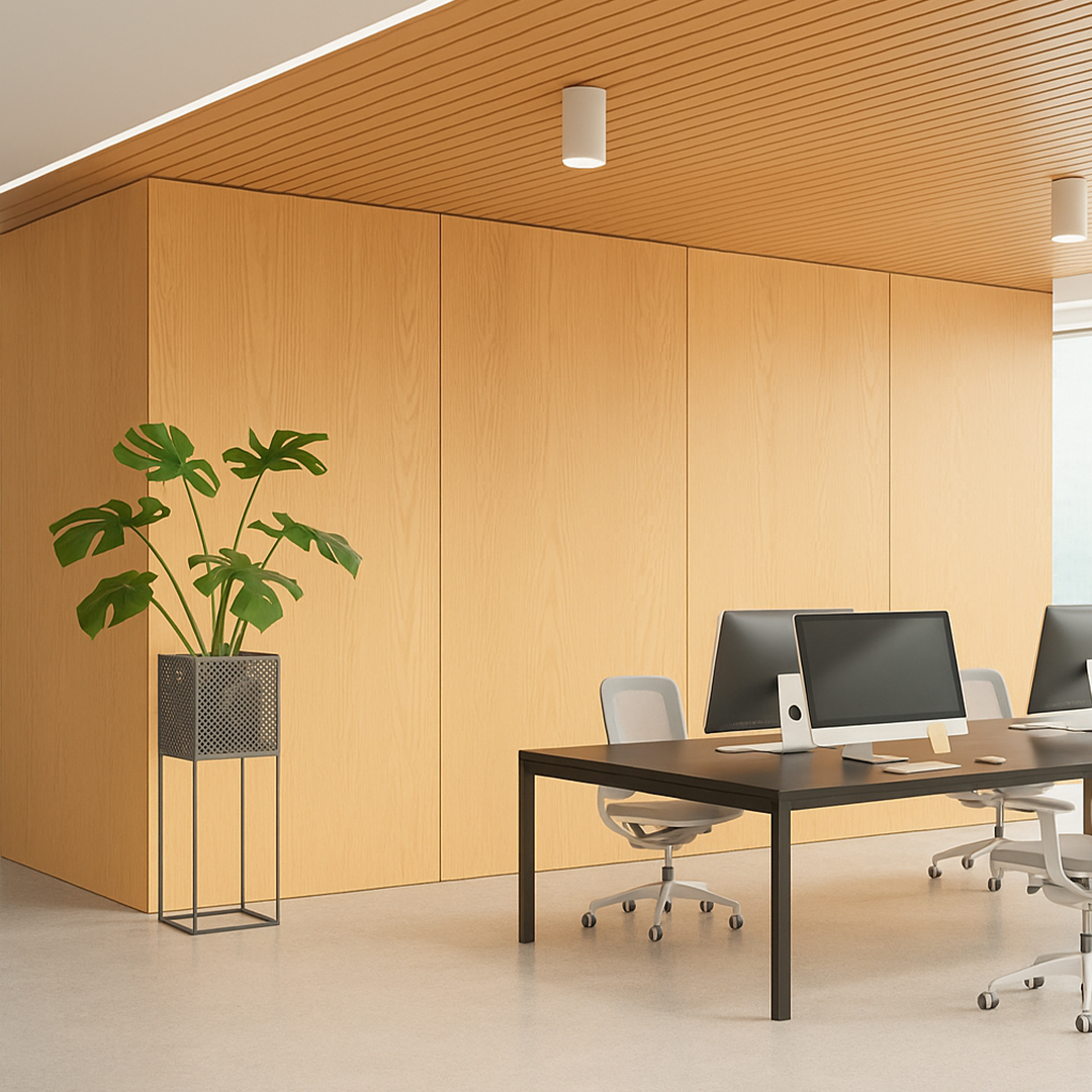 Modern office with wooden walls, minimalist décor, and neutral tones. Features include a desk with computers, ergonomic chairs, and a potted plant.