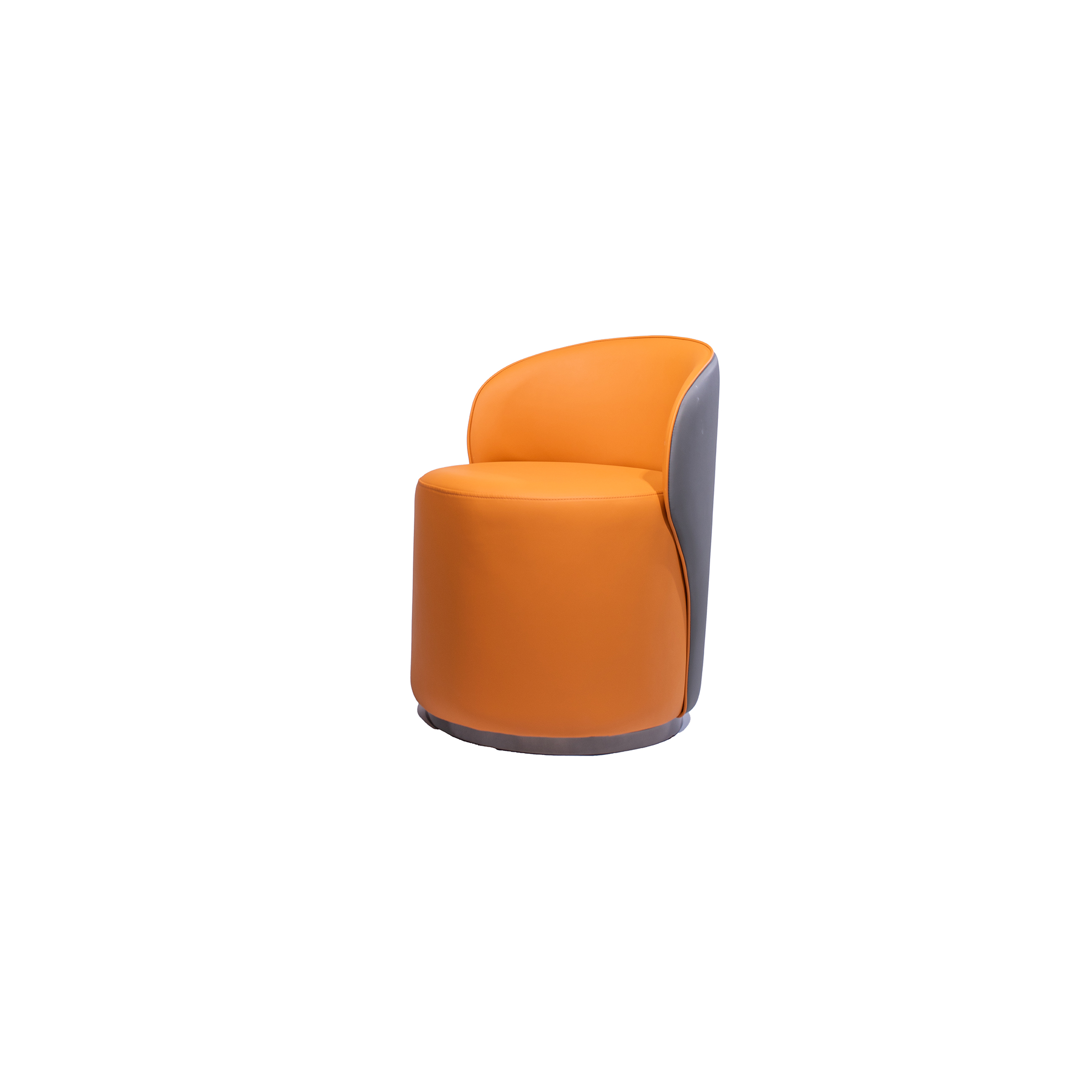 A modern, round, orange chair with a curved, low backrest and smooth upholstery. The chair has a minimalist, stylish design, conveying comfort and elegance.