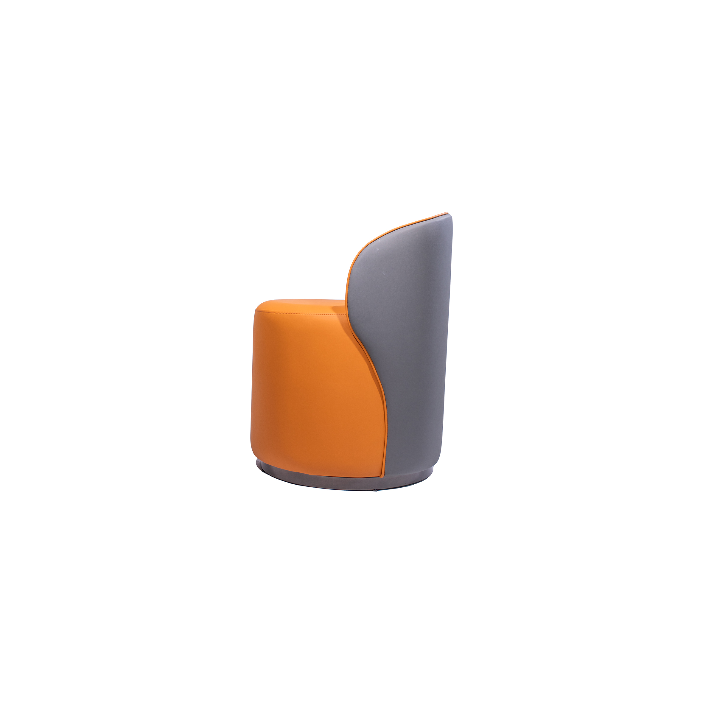 A modern, round, orange chair with a curved, low backrest and smooth upholstery. The chair has a minimalist, stylish design, conveying comfort and elegance.