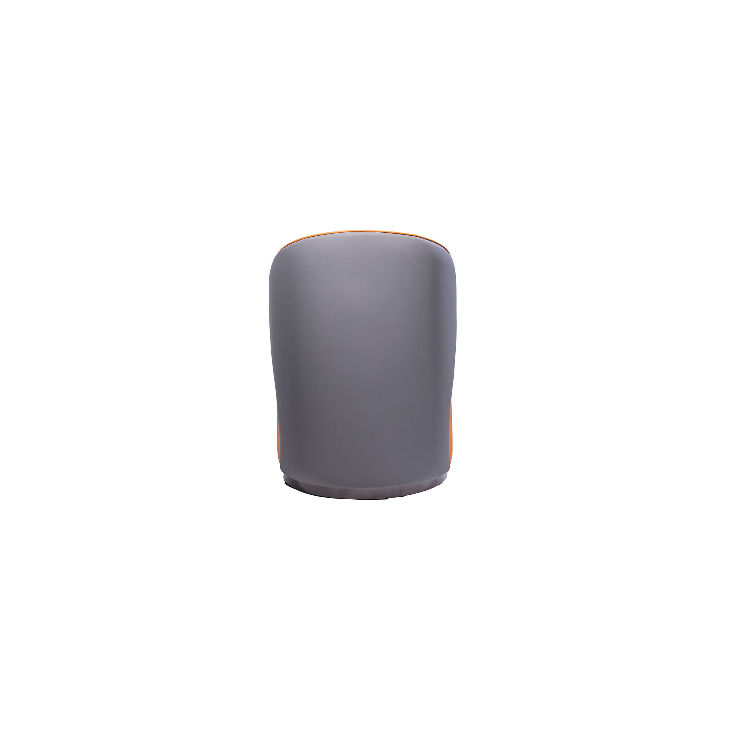 A modern, round, orange chair with a curved, low backrest and smooth upholstery. The chair has a minimalist, stylish design, conveying comfort and elegance.