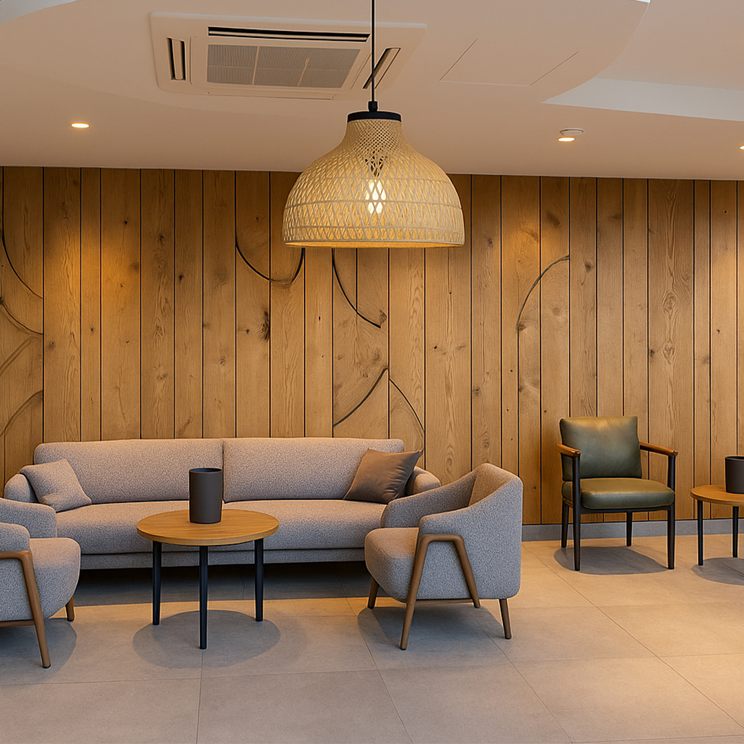 Cozy seating area with a light gray sofa, matching armchairs, and a green chair against a wooden paneled wall. A pendant light hangs above.