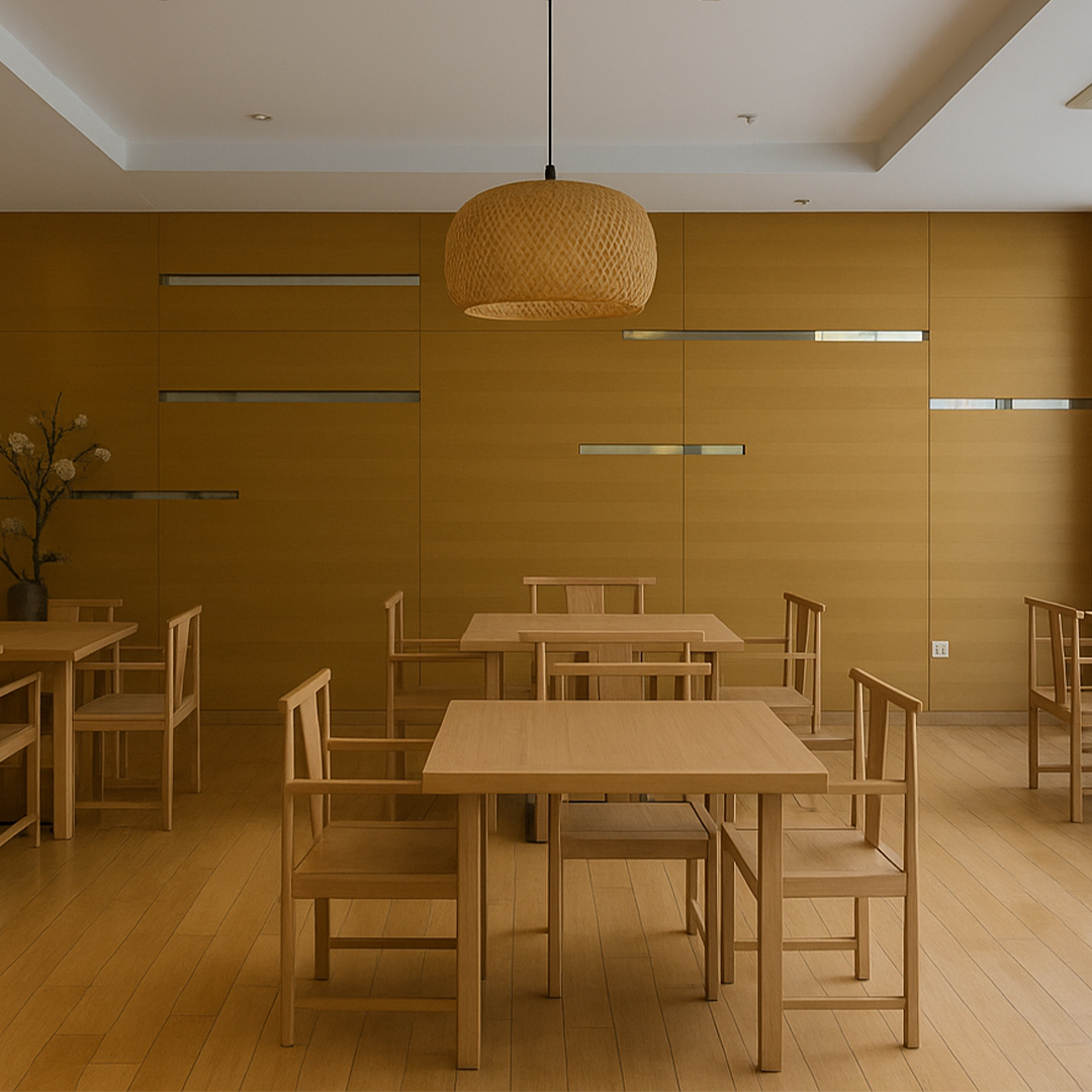 Minimalist dining area with wooden tables and chairs, a woven pendant light, and a warm, muted color palette, conveying simplicity and calmness.