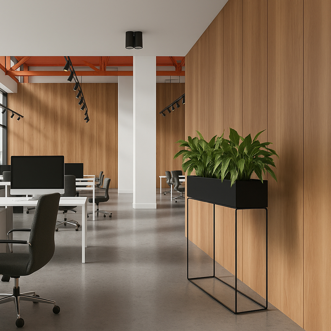Modern office interior with wooden walls, black planters, and ergonomic chairs. Bright, minimalist design with a calm, focused atmosphere.