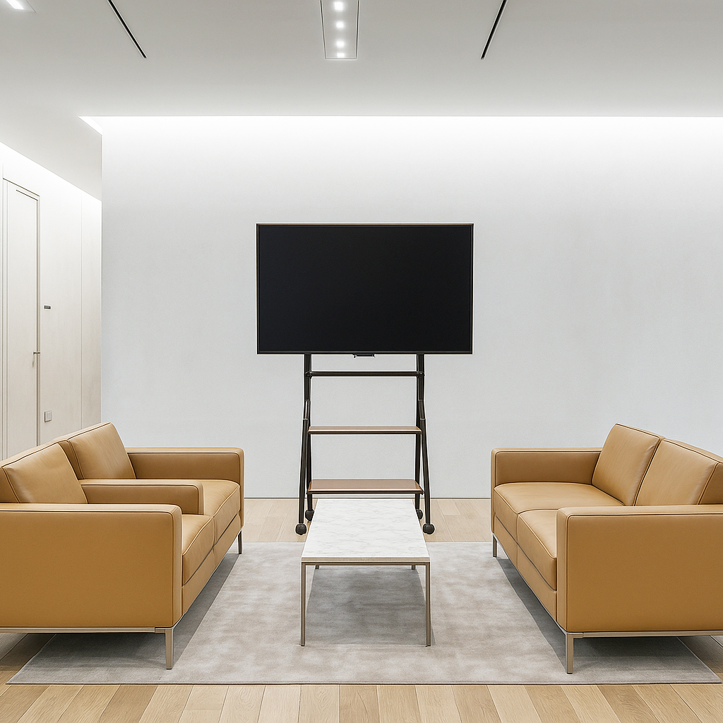 Modern meeting room with two tan leather sofas facing each other, a marble coffee table in between, and a large TV on a stand against a white wall.