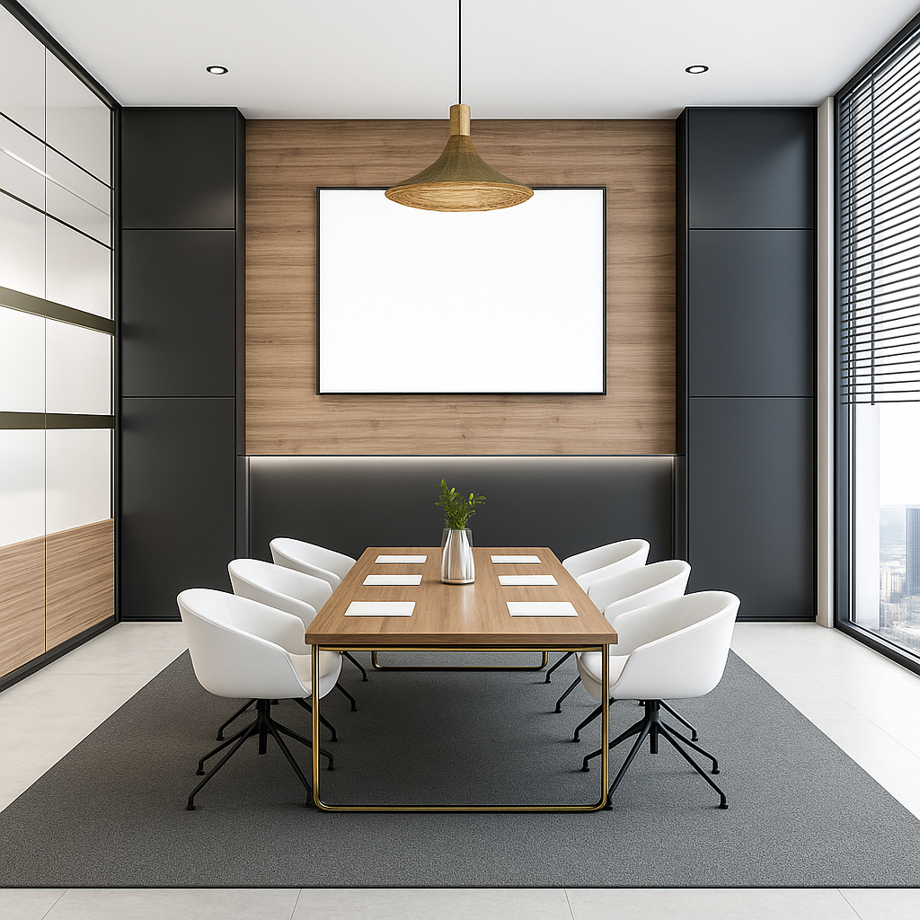 Modern conference room with a large wooden table, eight white chairs, a vase with greenery, hat-styled rattan pendant lamp and a blank screen on a wooden wall. Large windows on the right.