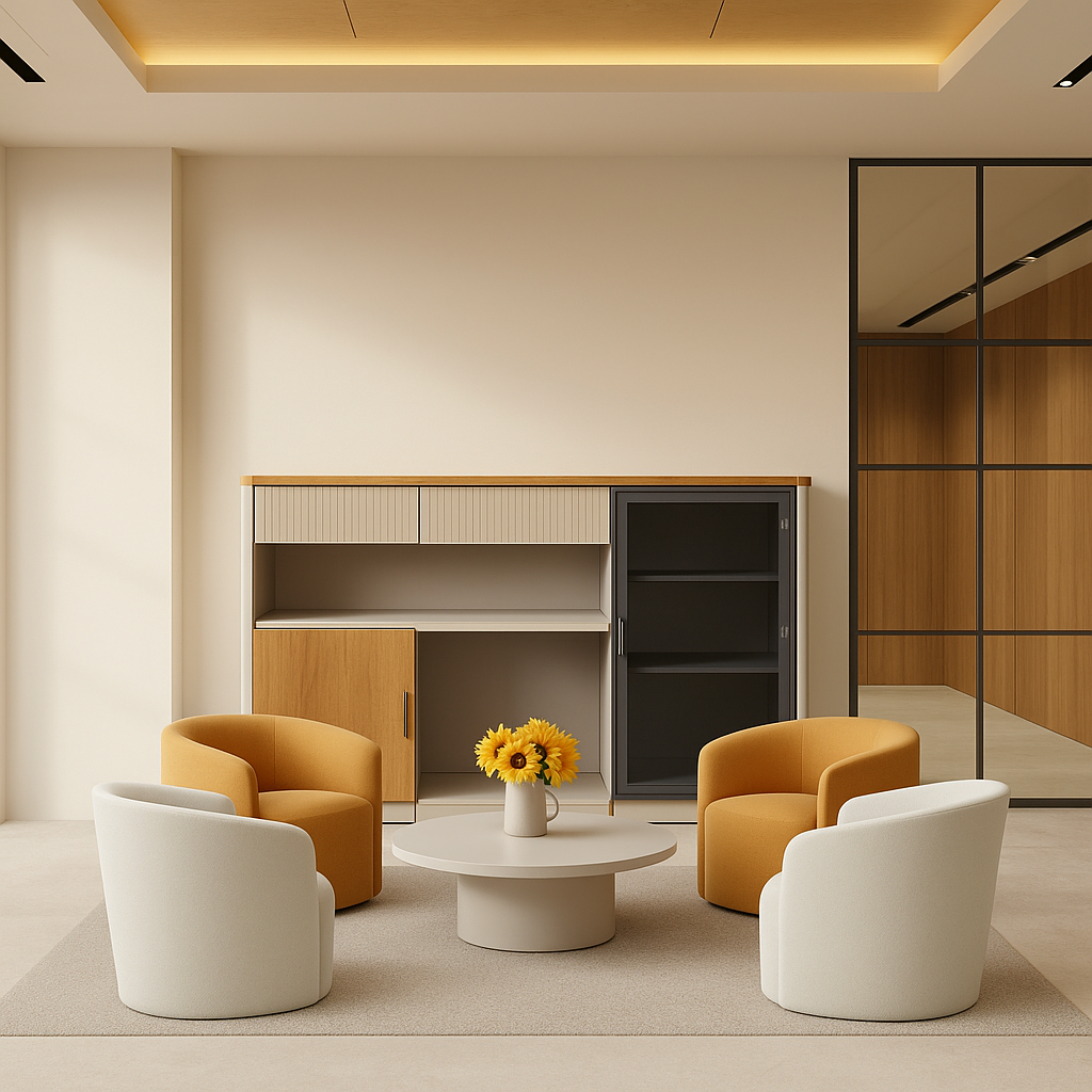 Modern room with two beige and two mustard armchairs around a round coffee table with sunflowers. Minimalist shelving in the background. Warm, inviting tone.