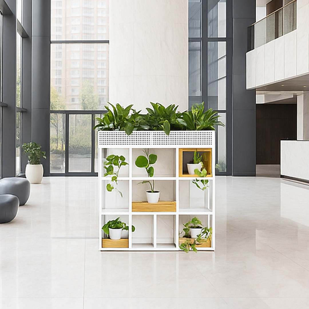 Modern lobby with sleek white shelves filled with potted plants, large windows reflecting an urban skyline, and a serene, minimalist ambiance.