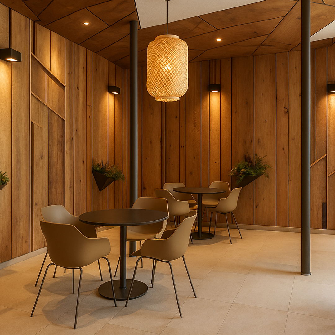 A cozy room with wooden panel walls, ambient lighting, and rattan pendant lamp. Two black tables with brown chairs create an inviting, modern atmosphere.