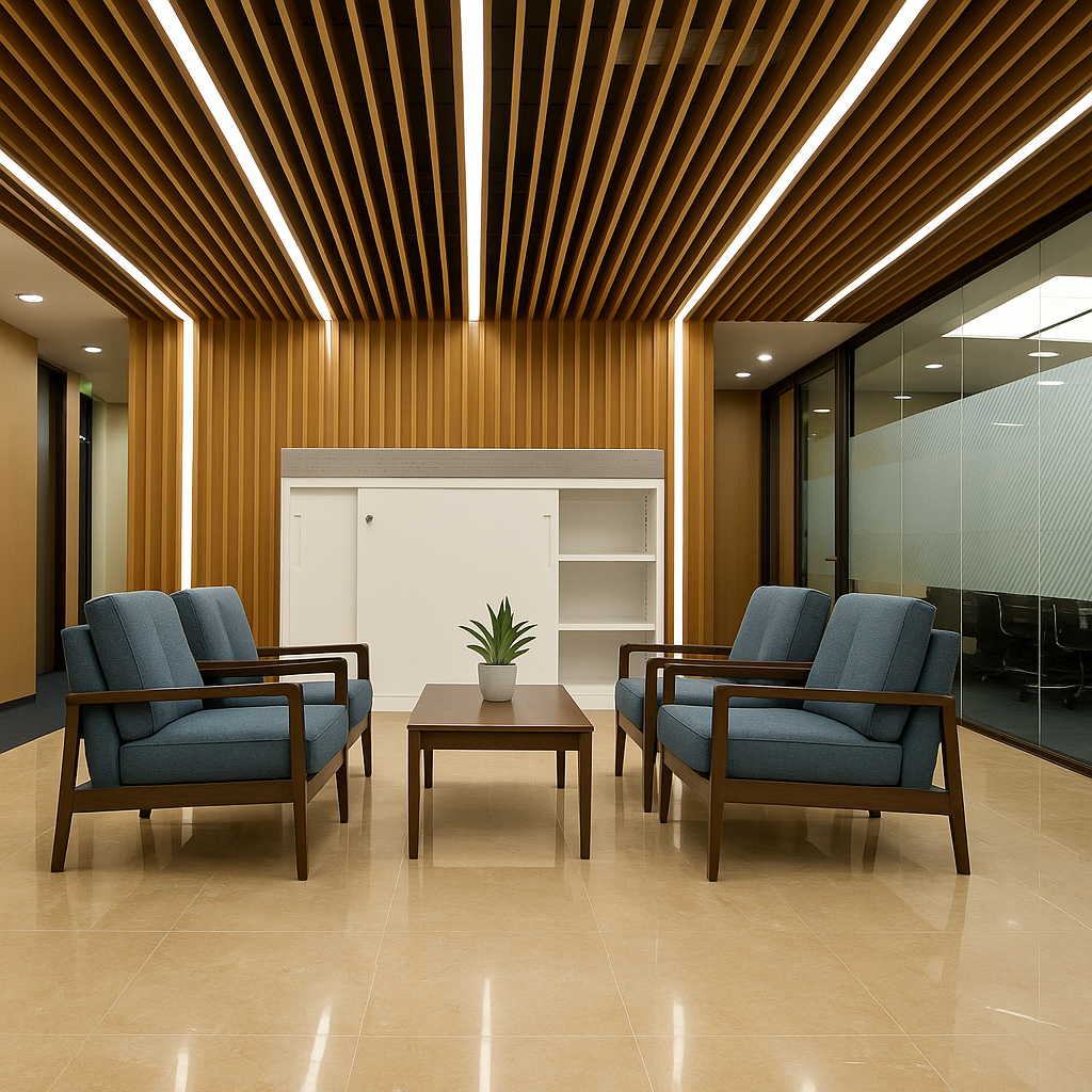 Modern office lounge with four blue armchairs around a wooden table, a small plant centerpiece. Wood panel ceiling, warm lighting, and beige tile flooring.