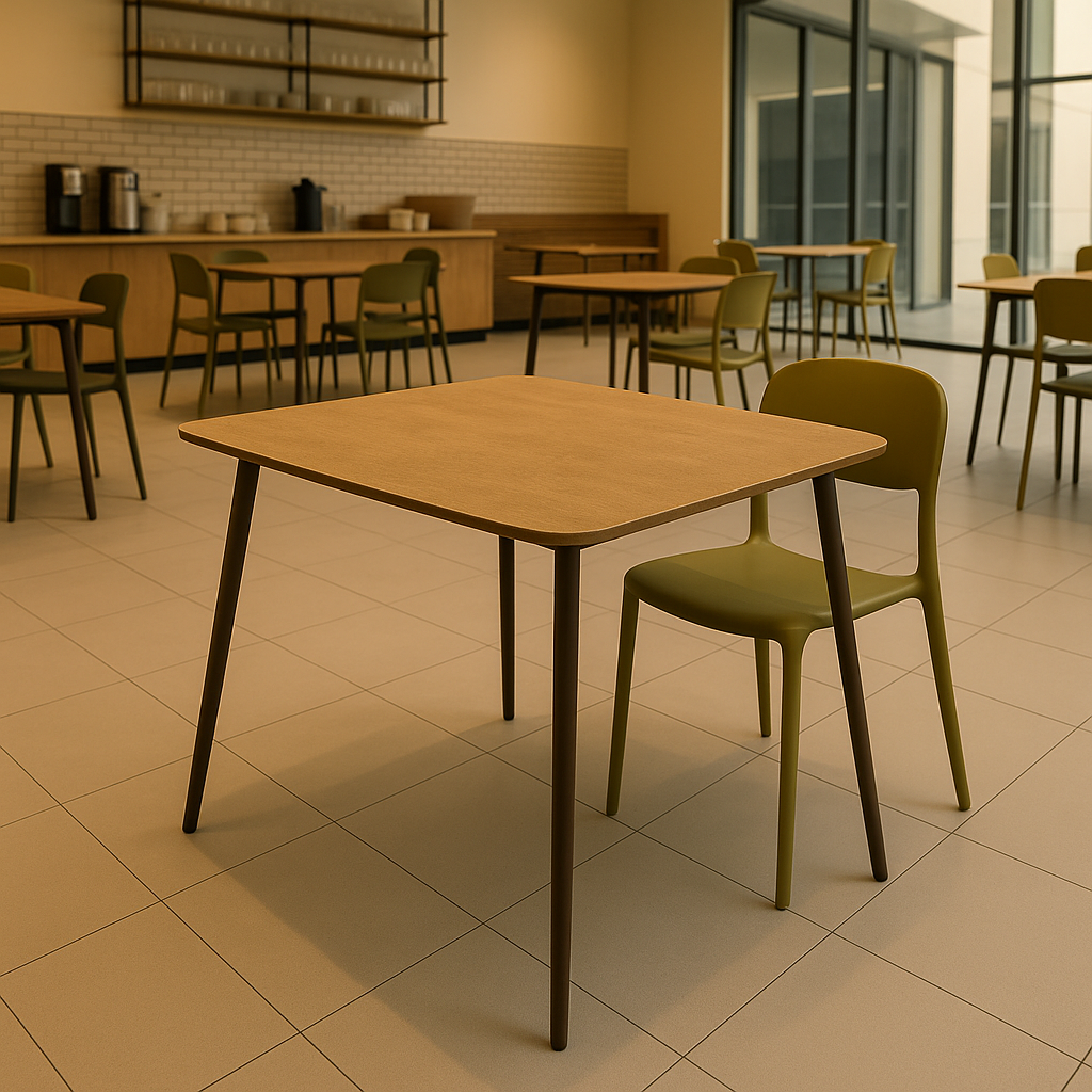 A modern, minimalist cafeteria with light wood tables and green chairs on a tiled floor. Soft lighting and spacious windows create an inviting atmosphere.