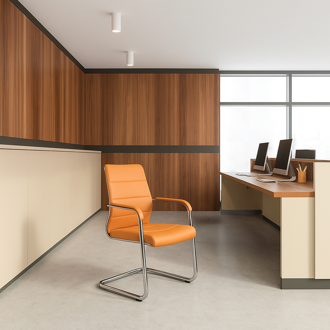 Modern office interior with a sleek orange chair in the foreground. Wooden paneling and large desks with computers create a clean, professional atmosphere.