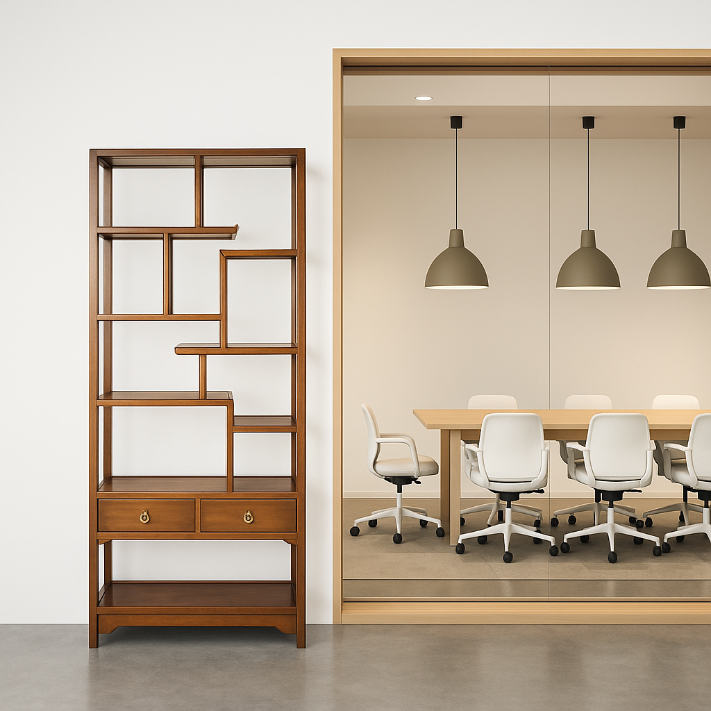 Modern office with a minimalist aesthetic. A wooden bookshelf with geometric shelves stands beside a glass-walled meeting room with white chairs and pendant lights.