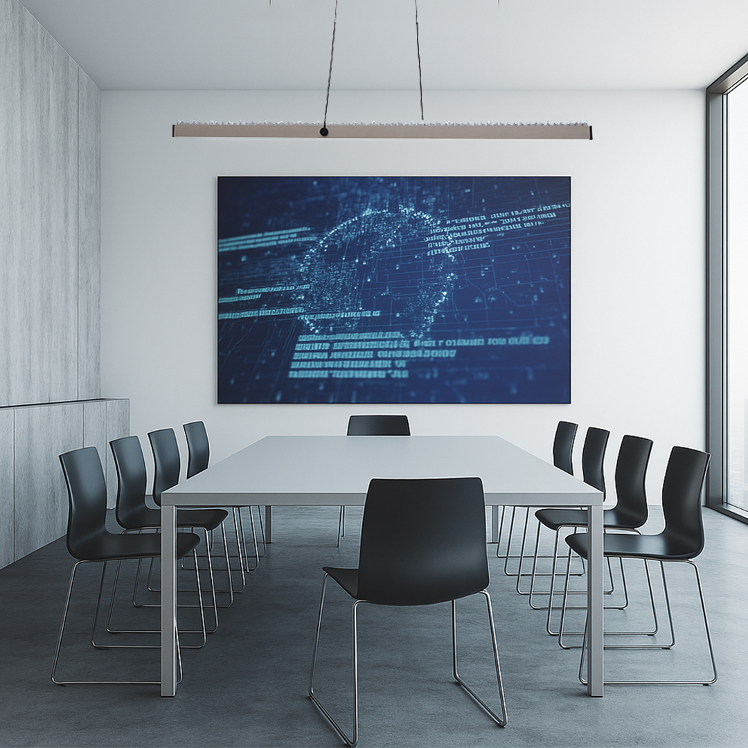 Modern conference room with a long white table, black chairs, and a digital world map on a blue background, evoking a tech-savvy atmosphere.