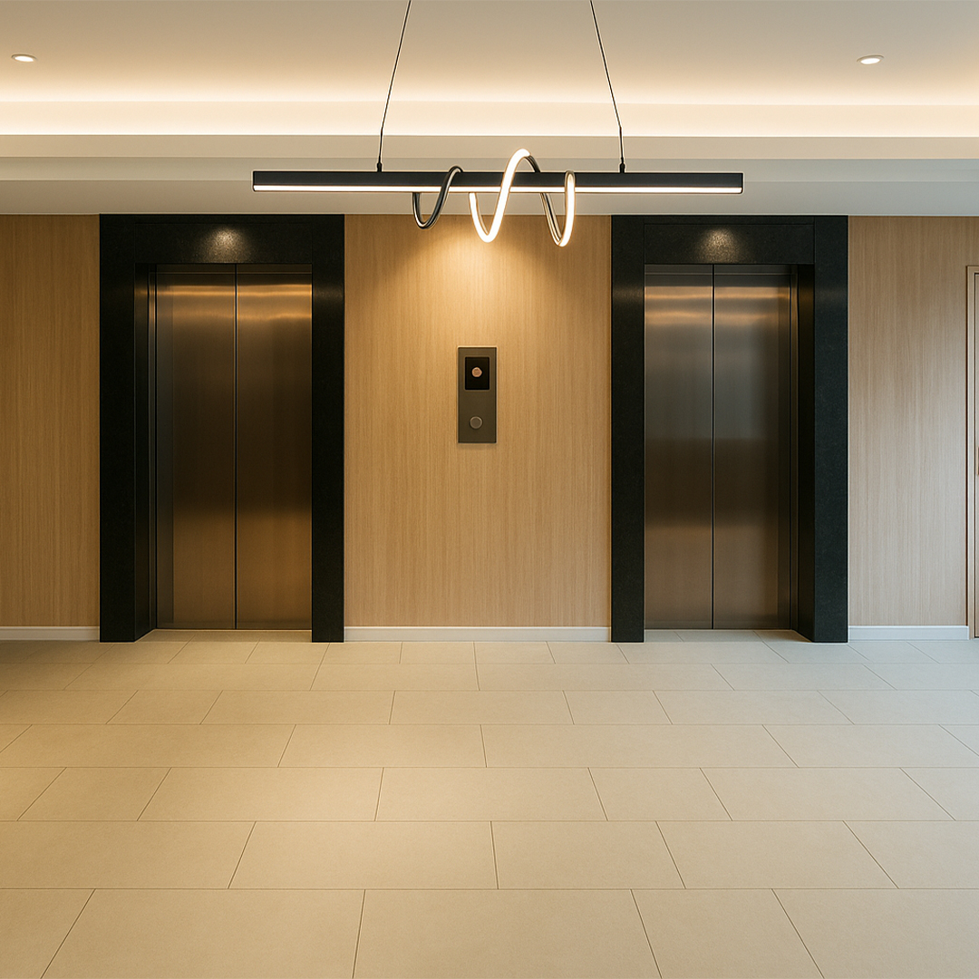 Modern hallway with two closed elevator doors, wooden panel walls, beige tile flooring, and a contemporary wavy light fixture overhead, creating a sleek ambiance.