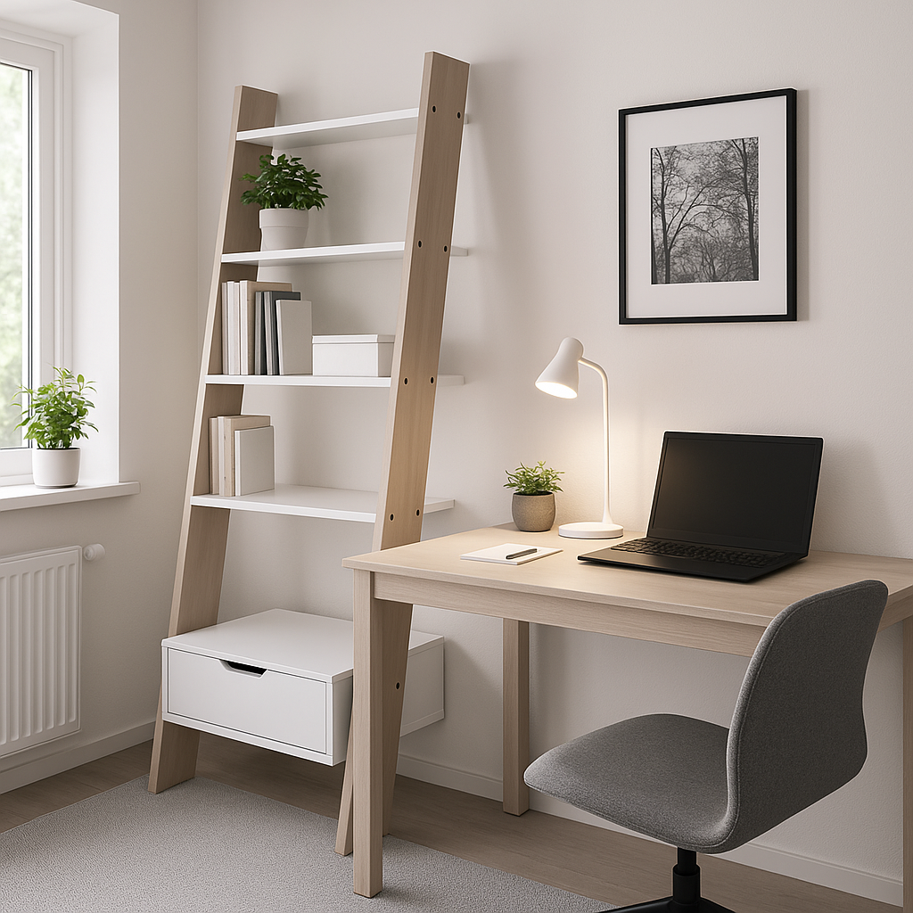 A minimalist home office with a wooden desk, laptop, and lamp. Ladder shelf holds books and plants. A window and framed photo create a serene atmosphere.