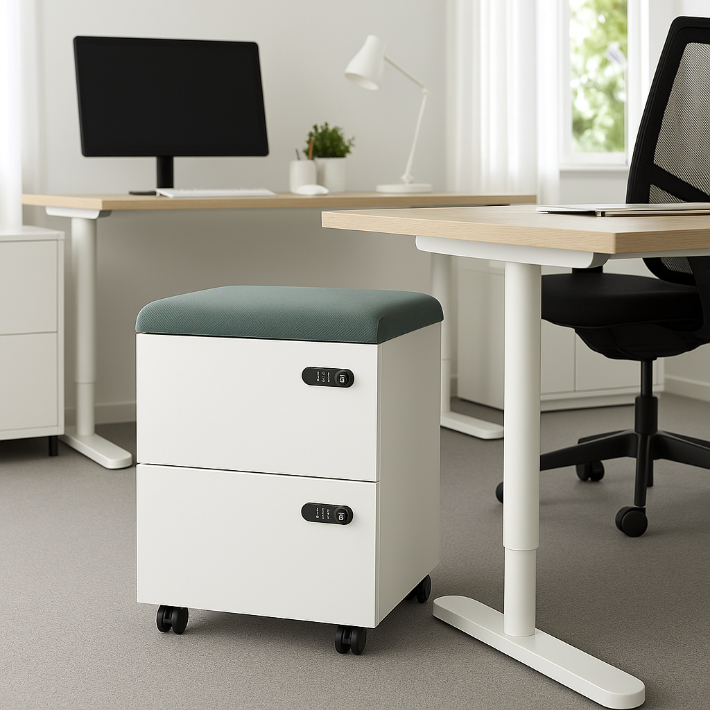 Modern office space featuring two wooden desks, a black swivel chair, and a white two-drawer mobile cabinet with a cushioned green top, conveying minimalism.