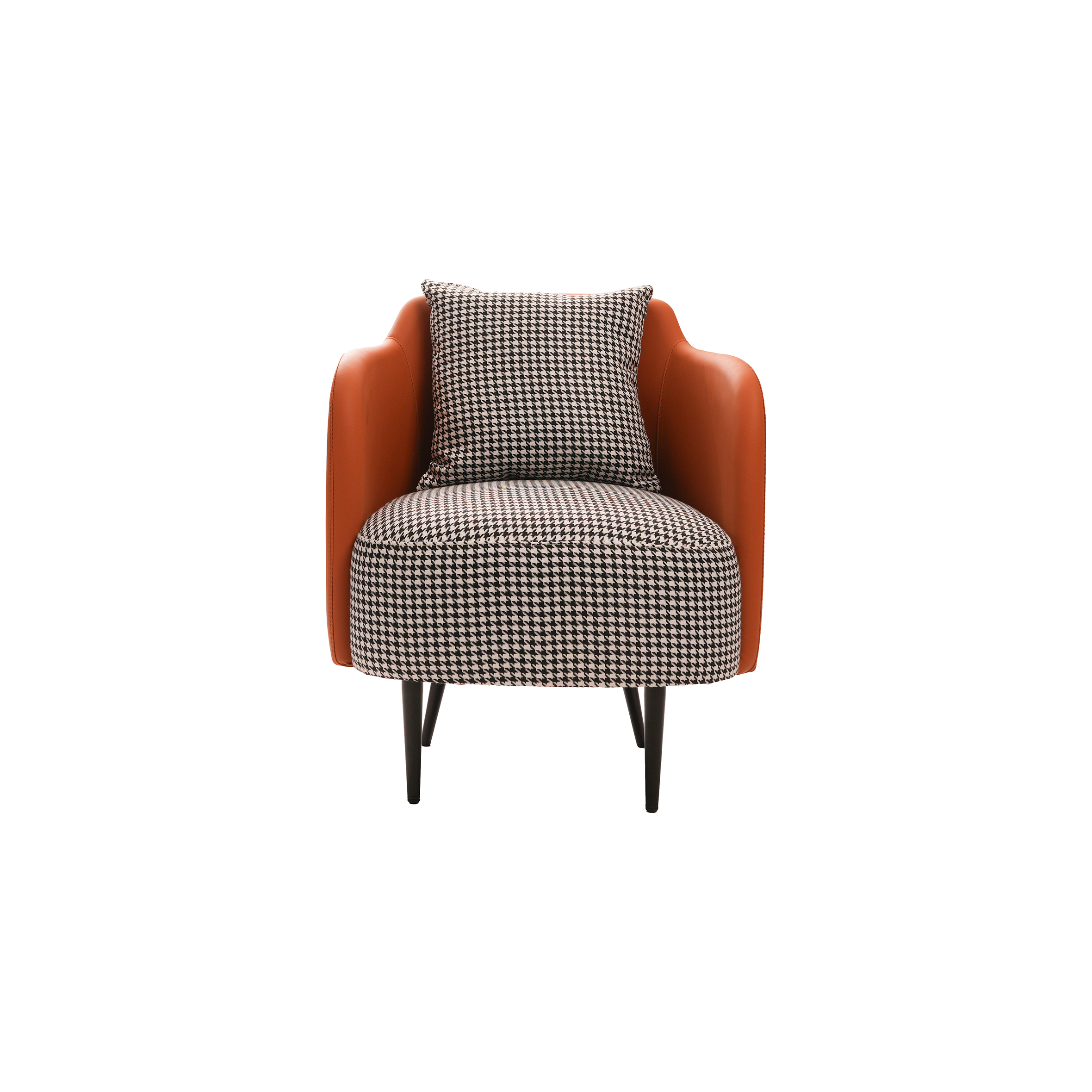 A stylish armchair with brown leather sides, black wooden legs, and houndstooth fabric on the seat and cushion, conveying a modern, cozy vibe.