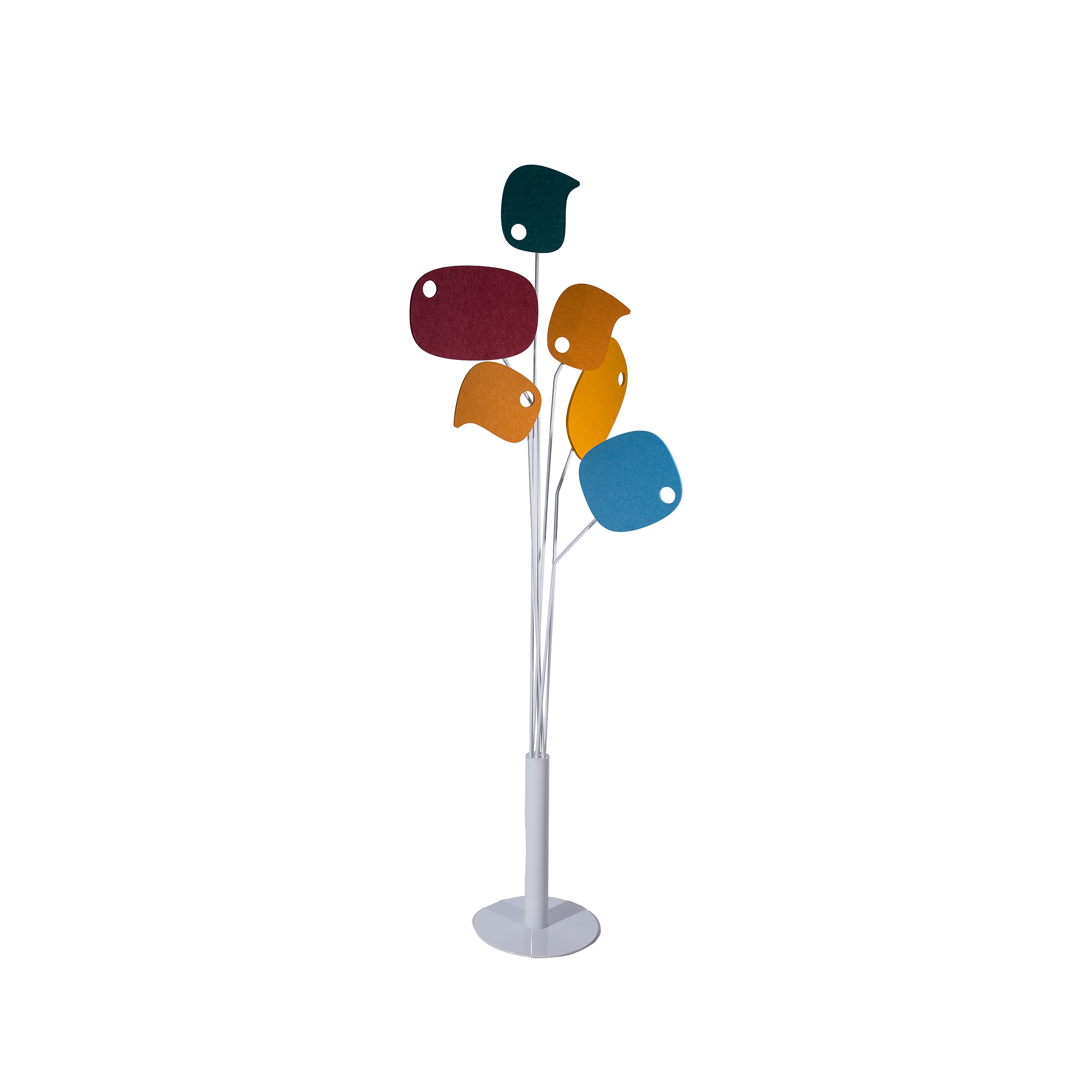 A modern sculpture with white metal stems and colorful, abstract leaf shapes in red, orange, yellow, blue, and green. It conveys a playful, artistic tone.