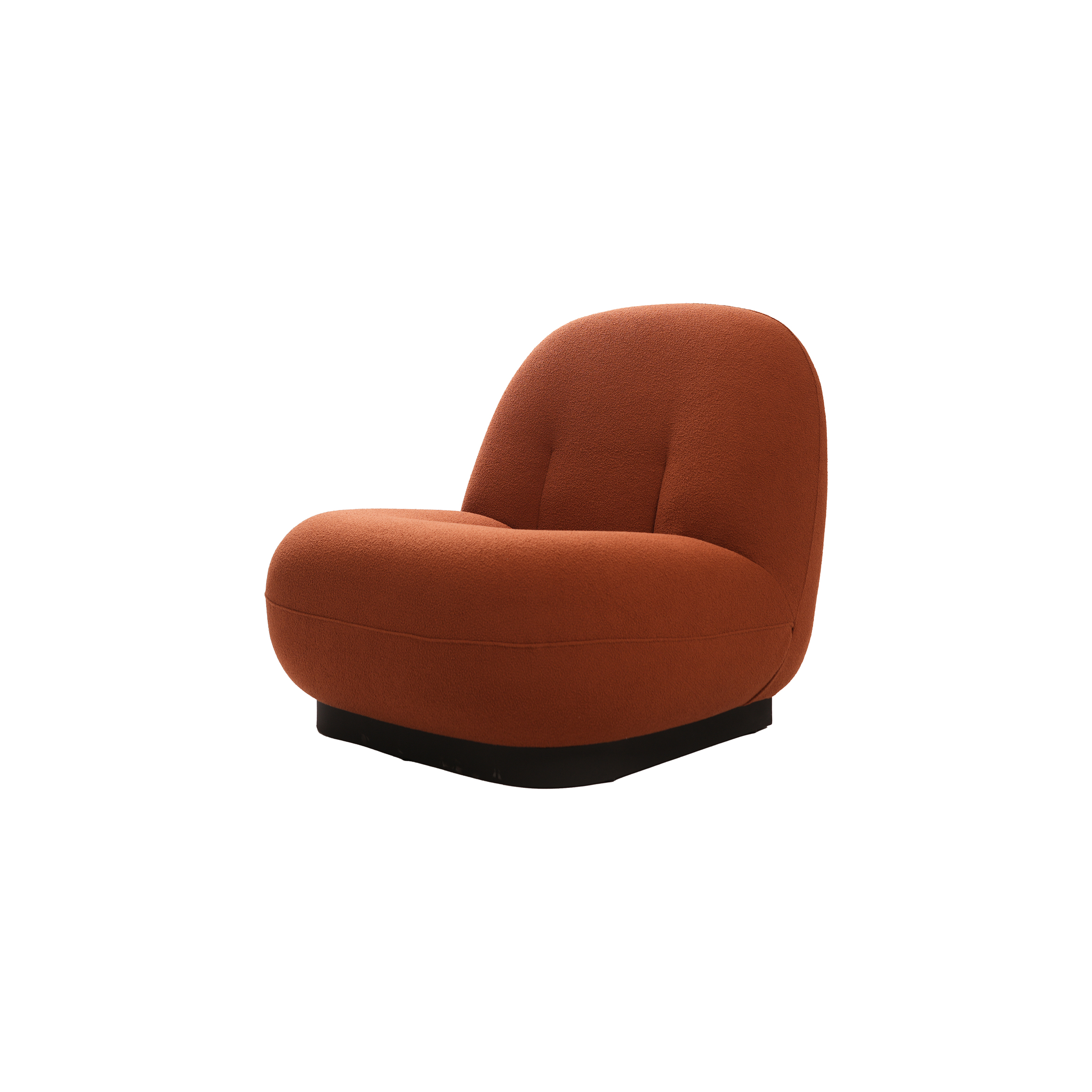 A modern armchair with a rounded, cushioned design is upholstered in rich, rust-colored fabric, conveying a cozy and inviting feel.