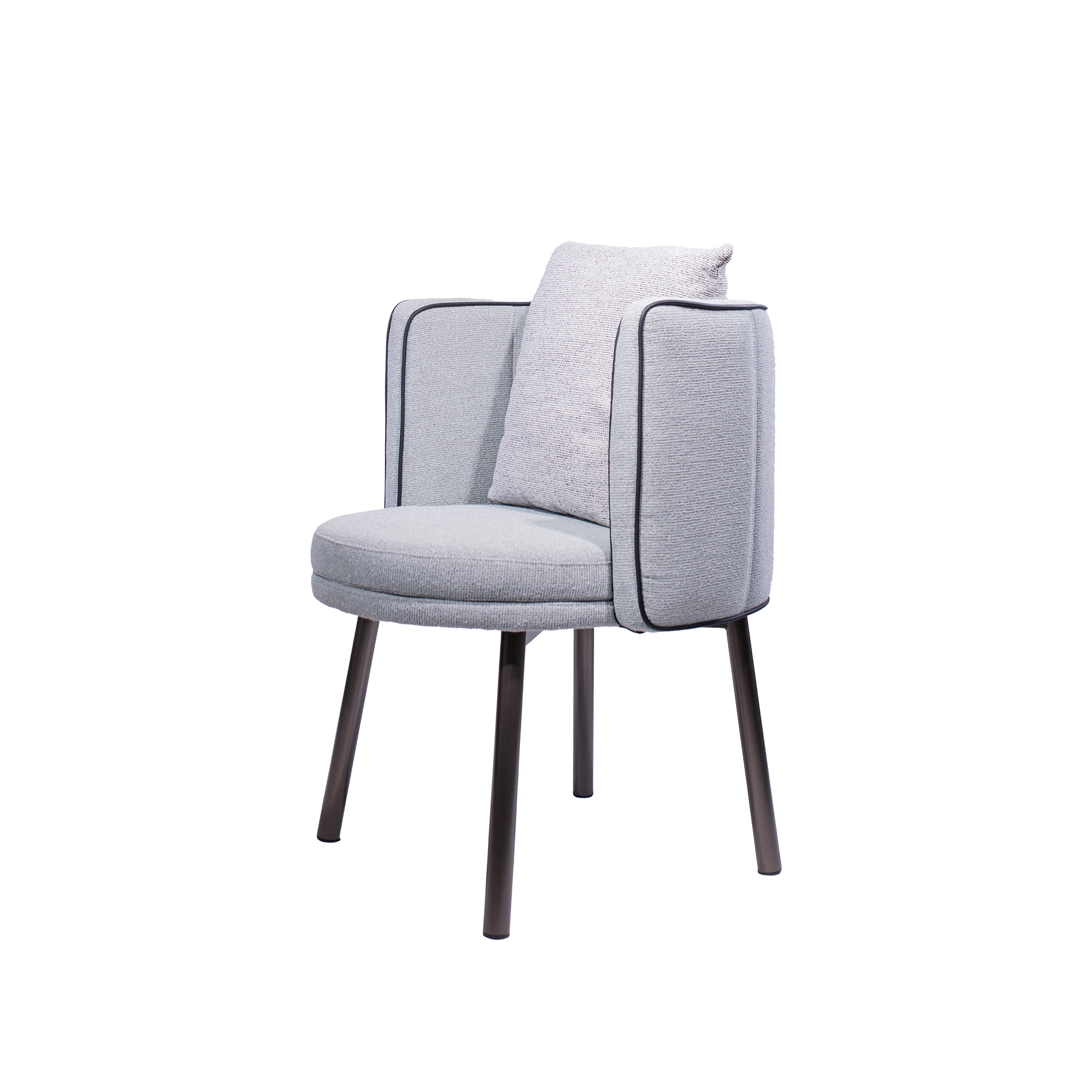 A modern gray armchair with black legs, featuring a matching textured cushion. The chair is minimalist, conveying a sleek and contemporary design.
