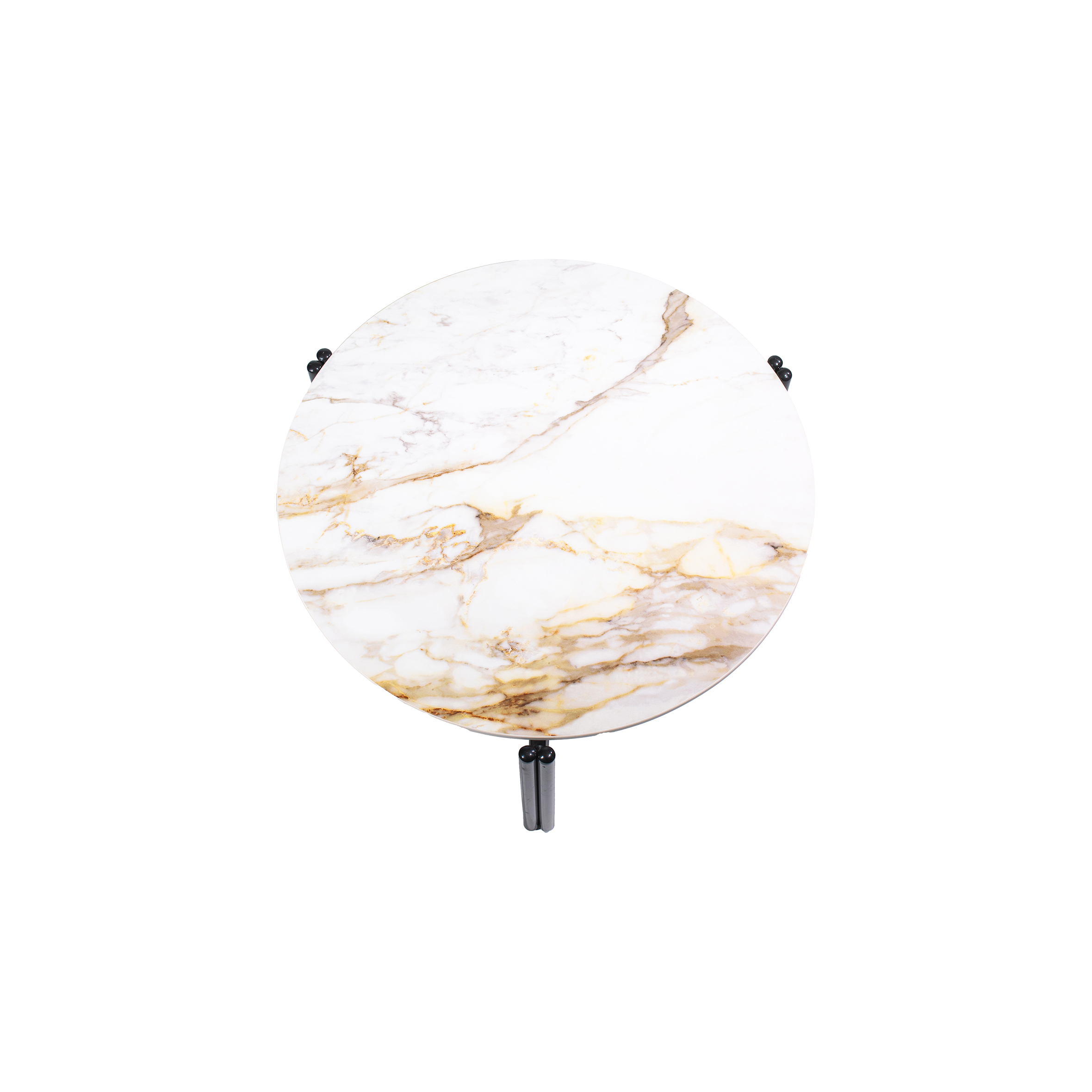 Round marble coffee table with a smooth, white surface featuring subtle light brown veins. Supported by three black metal legs, it exudes modern elegance.