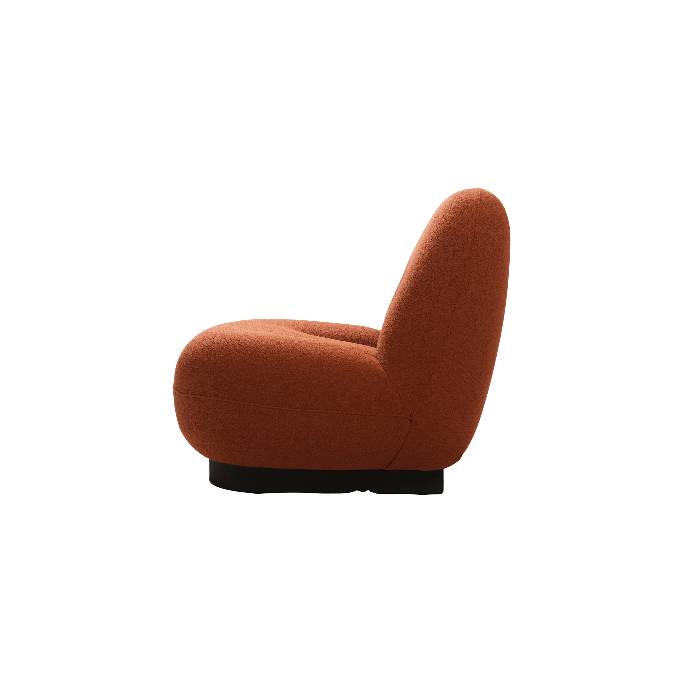 A modern armchair with a rounded, cushioned design is upholstered in rich, rust-colored fabric, conveying a cozy and inviting feel.